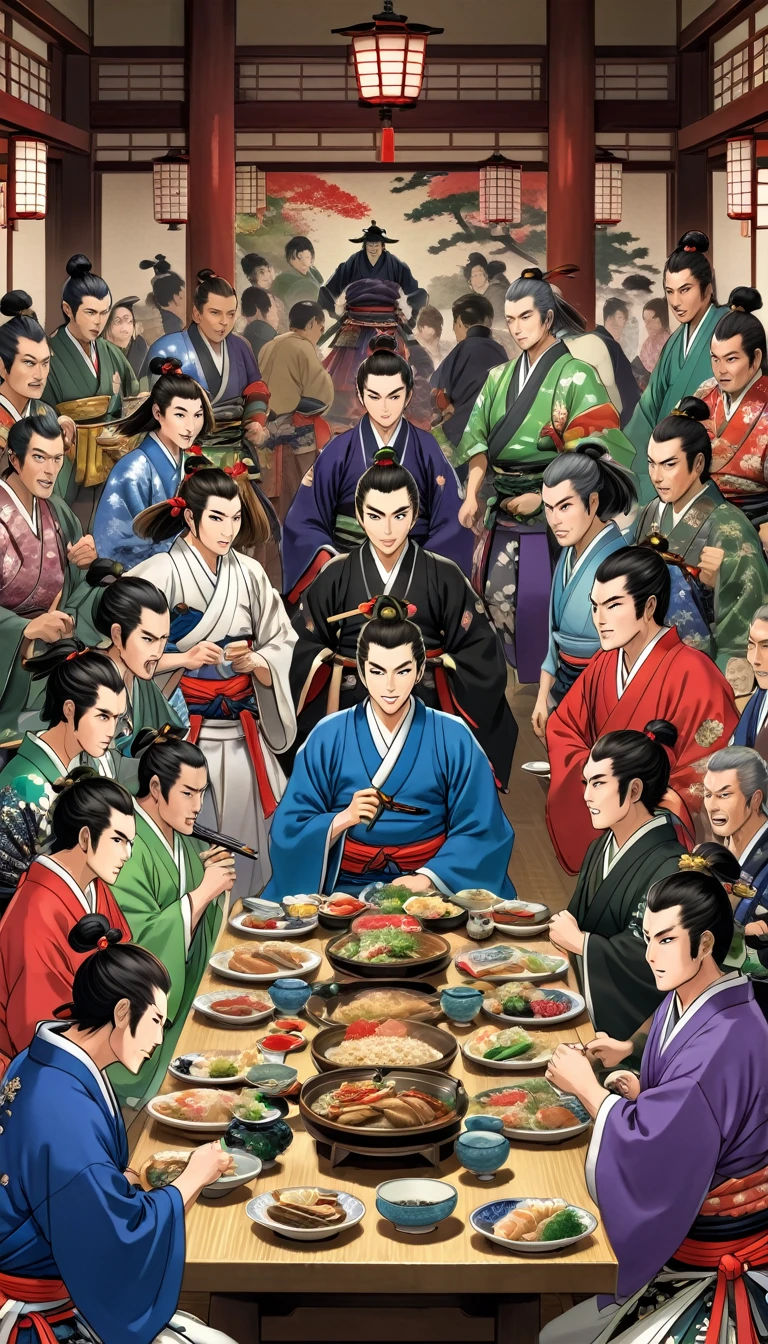 A festive banquet scene with Akechi Mitsuhide in the center, appearing slightly intoxicated, with a lively atmosphere of samurai and noble guests.