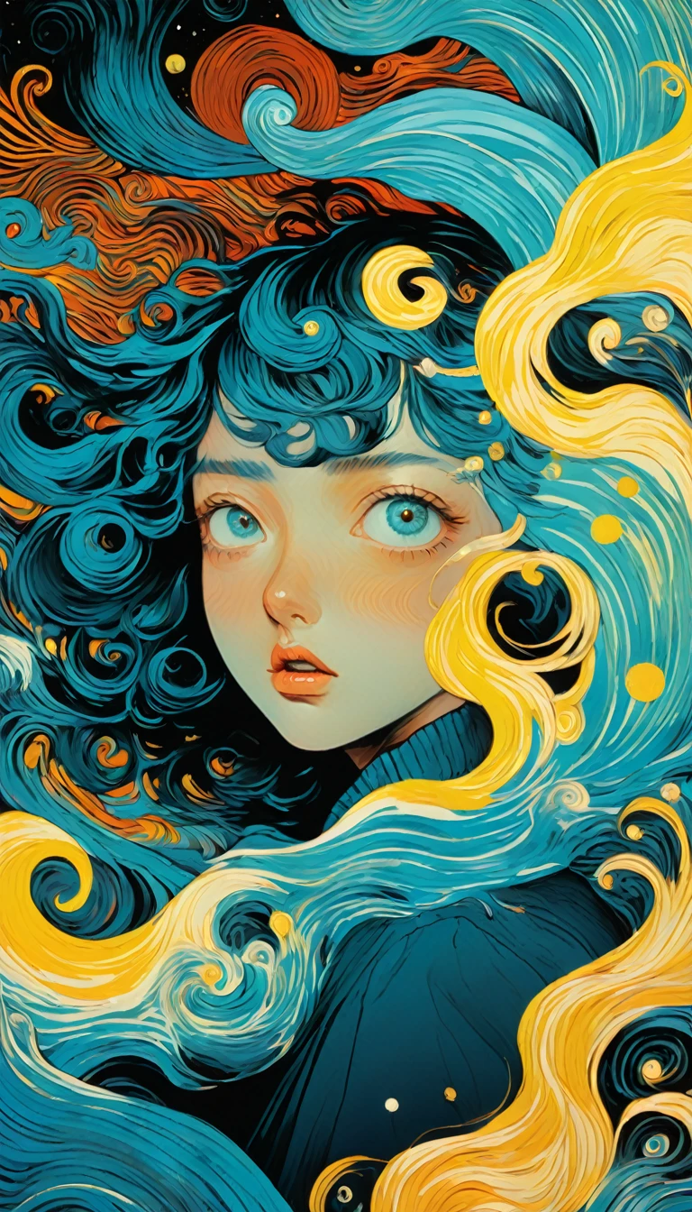 An illustration、art、Supervised by Junji Ito、Overreaction、Overaction、shout、Bobcut、Eyes Wide Open、Trembling with fear、Attention to detail、Realistic Shadows、Analog Style、chromatic aberration、Surrealism、disaster々A new Van Gogh-like swirl background