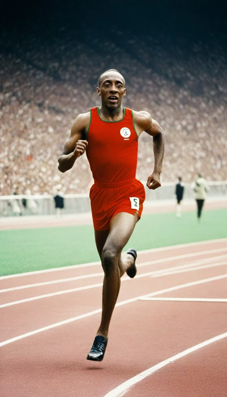 create an image of Jesse Owens running in a world sports olympic stadium, dressed in a red olympic uniform, black and green with a determined countenance, in the stands a crowd of Africans cheers for him,