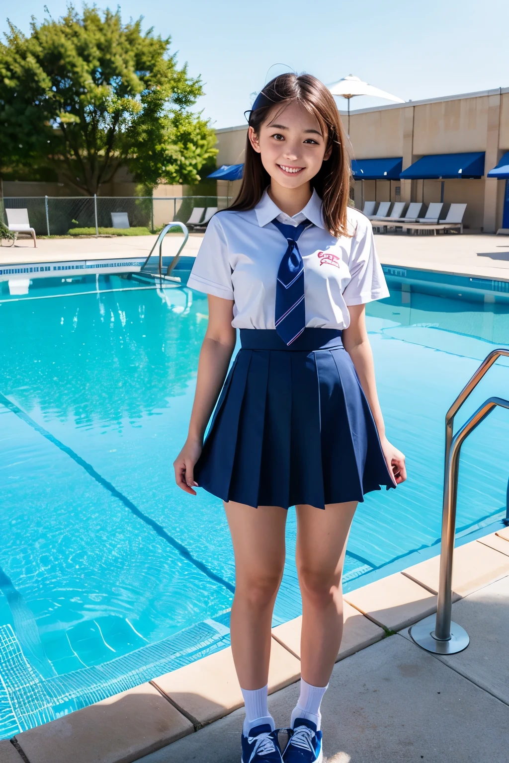 A high school girl standing by the poolside of an empty school、Cute Face、Summer uniform、miling、Full body portrait