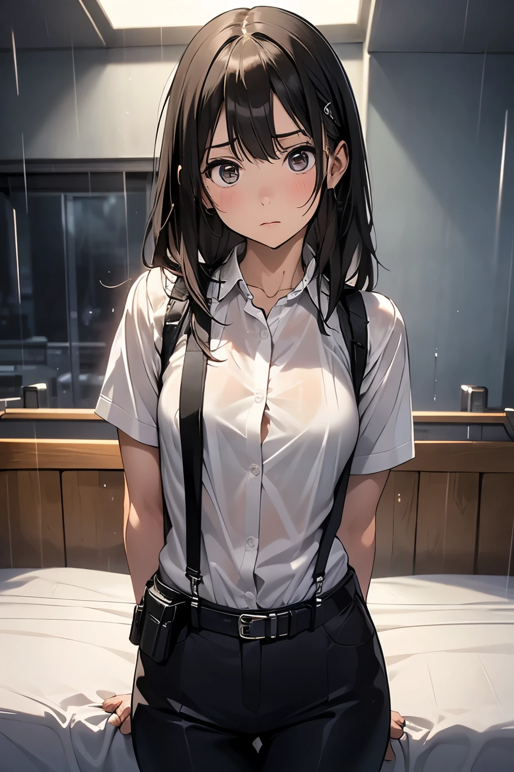 1 female, , high quality, masterpiece, Ultra-high resolution, , Cinema Lighting, , , And the suspenders with the cranes flying　　　Large Breasts　 　 　　　　Small face　 　　　holster　　　　　　　 Lying in bed　Looking up　　　　Sweat 　　　belt　summer　脇Sweat 　Black Hole Gloves　suit　shirt　　Black jacket　 Black trousers　Leg Links　ズボンにbelt　　holster　 　　Hands behind your back　 Anxious expression　Looking up　Anxious face, legs apart　Armament　　Cable ties　レッグholster　holster　See-through clothing　heavy rain　Getting wet in the rain