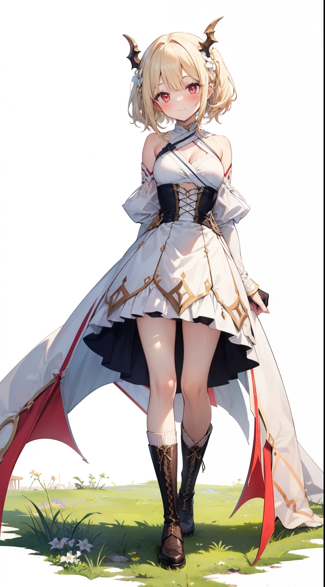 Head to Toe,whole body,A young woman with long light blonde hair stands to the side。, One Girl, alone, Dragon Red Eyes, smile, white red background, blush, bangs, Look forward,Wearing laced boots,standing,arm behind back,grassland