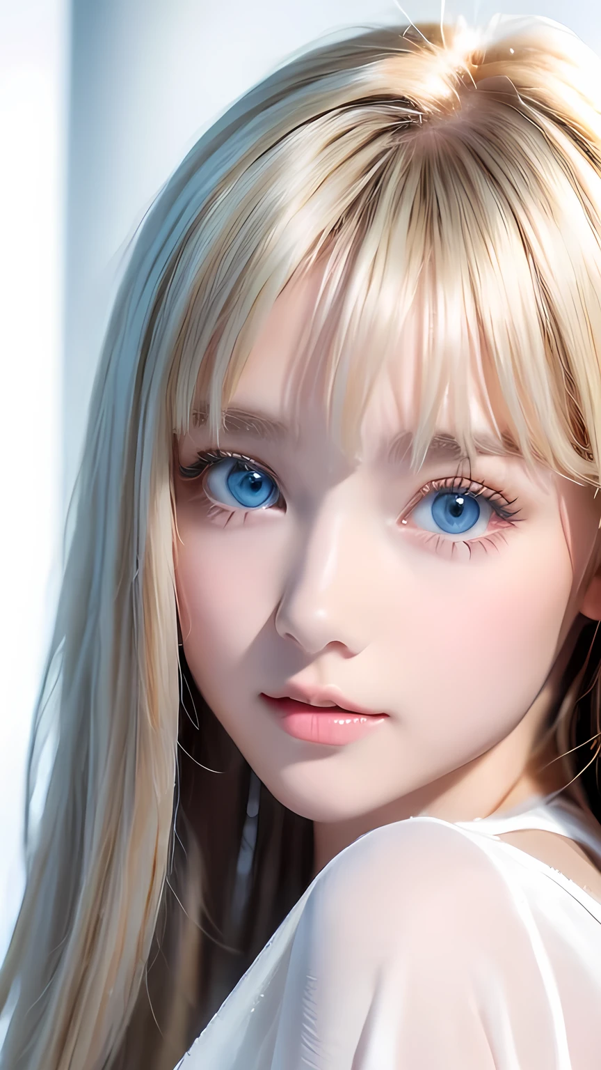 The Shining, clear, White skin、Her windblown blonde hair hides her beautiful face、A stunning 16-year-old blonde beauty、Bangs between the eyes、Cute sexy little beautiful face、Eye-catching, beautiful, super long straight hair、growing up, Large, sparkling, very bright light blue eyes、Long, silky bangs that cover cute eyes, Sexy and cute young woman with super long hair hiding her sexy face、Ultra long platinum hair、Small Face Beauty、Round face