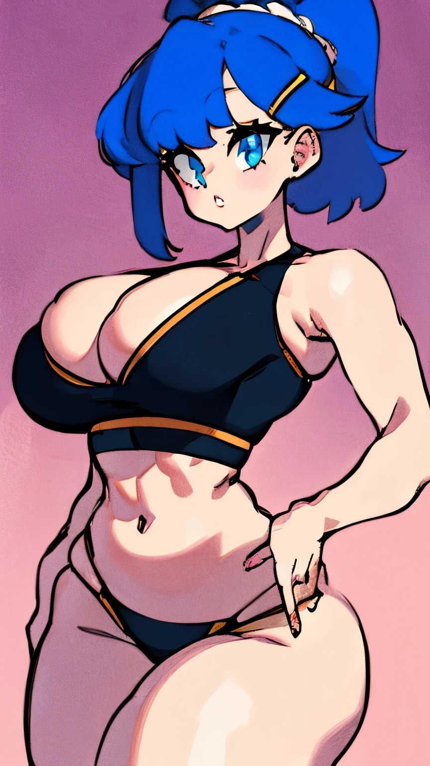 a woman with blue hair and golden eyes, She wears a black crop top and tight black shorts, possui breasts small e coxas enormes, linda, the cutest girl, (Extremely wide hips 5.5), (breasts small.), (masterpiece), (thick thighs 1.6), thick pelvis, big-ass, model body