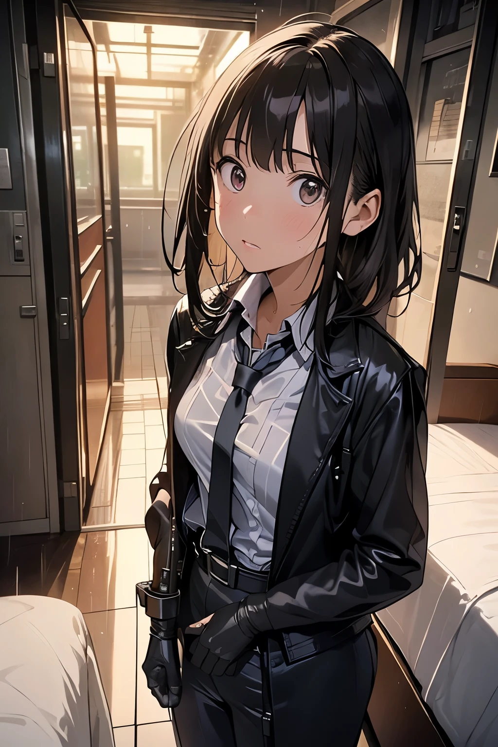 1 female, , high quality, masterpiece, Ultra-high resolution, , Cinema Lighting, , , And the suspenders with the cranes flying Large Breasts Small face holster Lying in bed Looking up Sweat belt summer 脇Sweat Black Hole Gloves suit shirt Black jacket Black trousers Leg Links ズボンにbelt holster Hands behind your back Anxious expression Looking up Anxious face, legs apart Armament Cable ties レッグholster holster See-through clothing heavy rain Getting wet in the rain