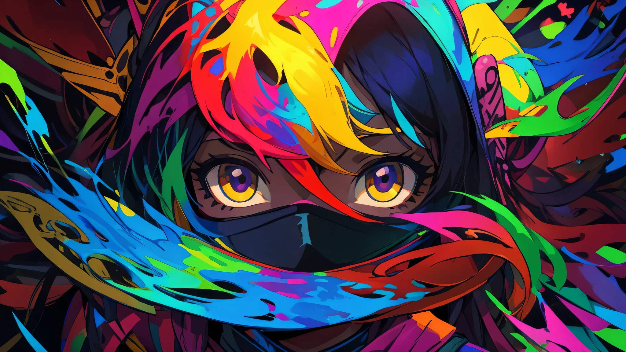 Background, paint drawing, dark, acid colors, many different colors, girl wearing a mask of the brightest colors, the picture has a lot of artifacts and lags, the quality is poor, the girl can't be seen well because of the number of colors