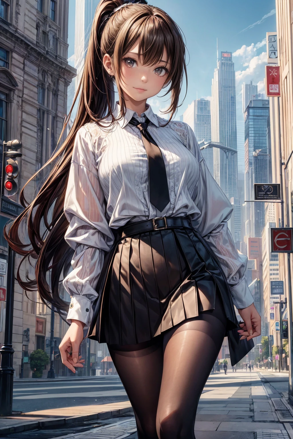 (masterpiece, Highest quality), Intricate details, 8k, Art Station, wallpaper, Official Art,  Sharp focus,Posing with movement、 One girl,Toned body、 Long Hair,ponytail,  Brown Hair, office lady,White shirt、Black tight skirt、tights、 printing, Hanging eyes、Cold Eyes , Muddy eyes、skyscraper, city, building, car, street,