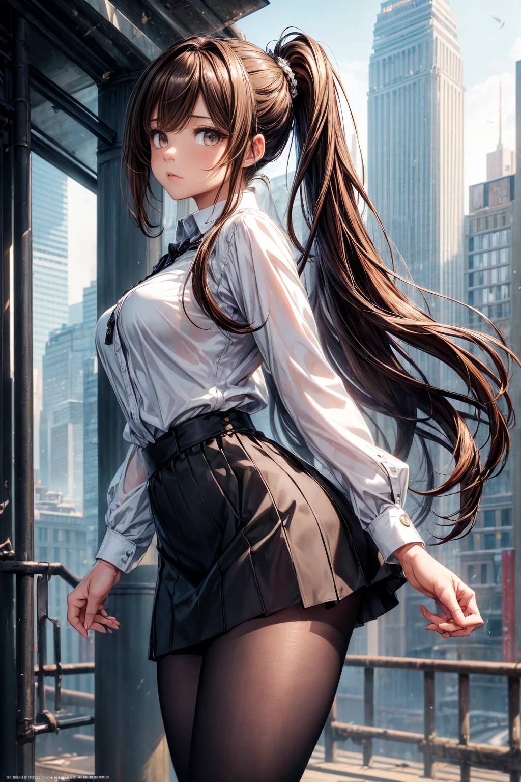(masterpiece, Highest quality), Intricate details, 8k, Art Station, wallpaper, Official Art, Sharp focus,Posing with movement、 One girl,Toned body、 Long Hair,ponytail, Brown Hair, office lady,White shirt、Black tight skirt、tights、 printing, Hanging eyes、Cold Eyes , Muddy eyes、skyscraper, city, building, car, street,