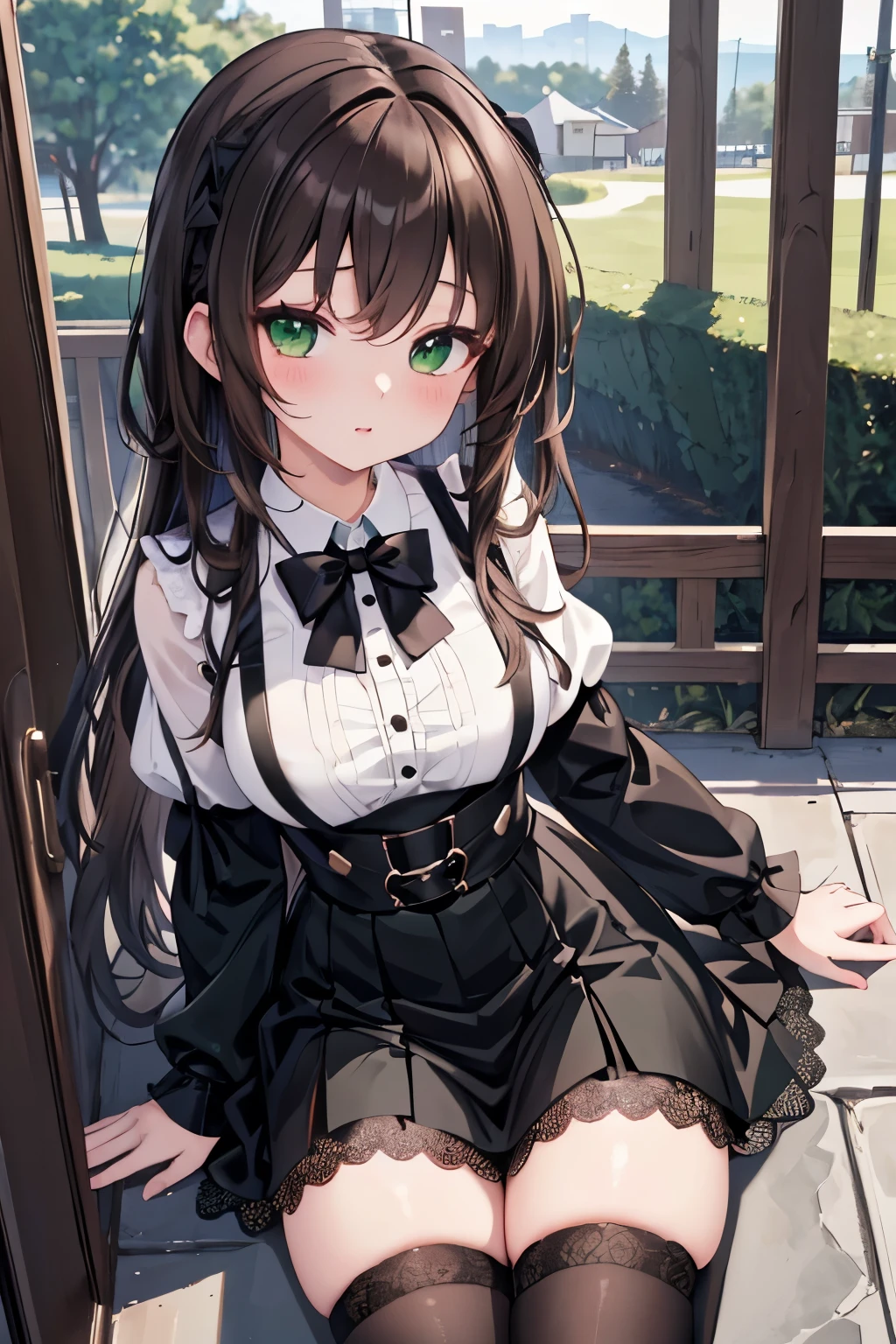 ((masterpiece, Highest quality, High resolution, 超High resolution, Pixel perfect, Written boundary depth, 4K, RTTX 10.0, High resolution))), 1 girl, single, alone, Beautiful Anime Girls, Beautiful art style, Anime characters, ((Shortcuts, bangs, Dark brown hair)), ((Green Eyes:1.4, Round eyes, Beautiful eyelashes, current eyes)), ((Smooth texture:0.75, Anime CG style)), Medium chest, ((Dynamic Angle, close)), Perfect body, (pretty girl), 1girl, solo, wearing a kawaii fashion outfit, outfit features a pink blouse with black lace trim and a large bow at the collar, The blouse is paired with a black high-waisted skirt with lace-up details, The person is also wearing black knee-high socks with lace tops, The overall look is cute and elegant, Outdoor, wood, Depth of written boundary,