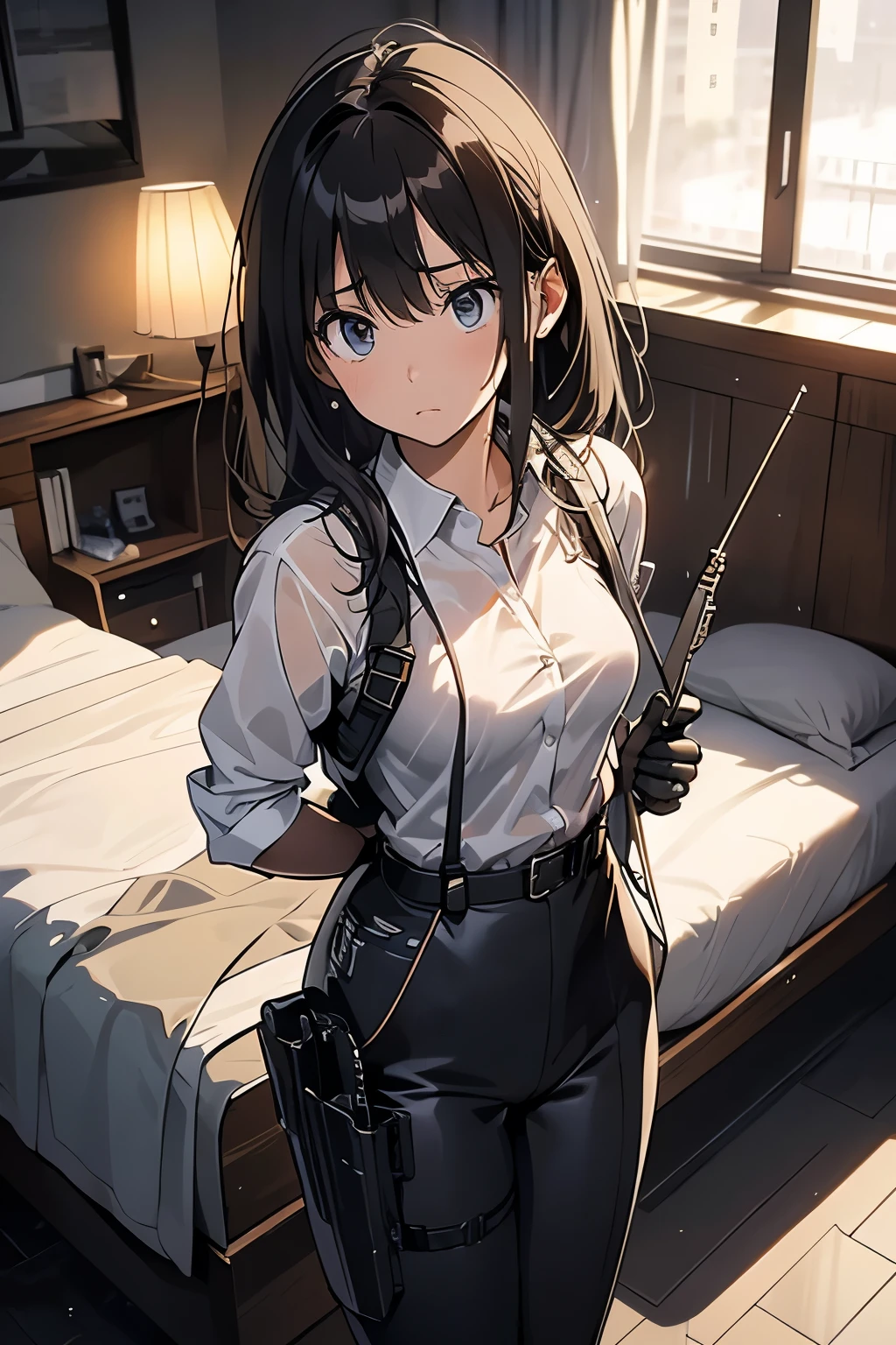 1 female, , high quality, masterpiece, Ultra-high resolution, , Cinema Lighting, , , And the suspenders with the cranes flying Large Breasts Small face holster Lying in bed Looking up Sweat belt summer 脇Sweat Black Hole Gloves suit shirt Black jacket Black trousers Leg Links ズボンにbelt holster Hands behind your back Anxious expression Looking up Anxious face, legs apart Armament Cable ties レッグholster holster See-through clothing heavy rain Getting wet in the rain