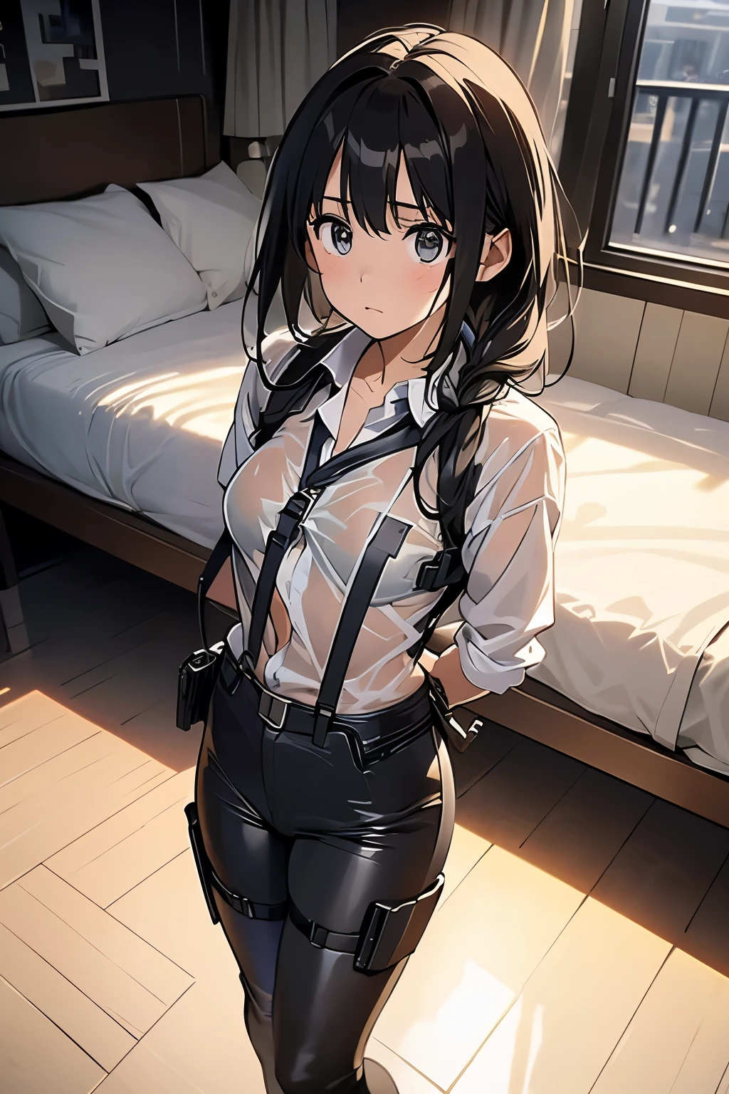 1 female, , high quality, masterpiece, Ultra-high resolution, , Cinema Lighting, , , And the suspenders with the cranes flying　　　Large Breasts　 　 　　　　Small face　 　　　holster　　　　　　　 Lying in bed　Looking up　　　　Sweat 　　　belt　summer　脇Sweat 　Black Hole Gloves　suit　shirt　　Black jacket　 Black trousers　Leg Links　ズボンにbelt　　holster　 　　Hands behind your back　 Anxious expression　Looking up　Anxious face, legs apart　Armament　　Cable ties　レッグholster　holster　See-through clothing　heavy rain　Getting wet in the rain