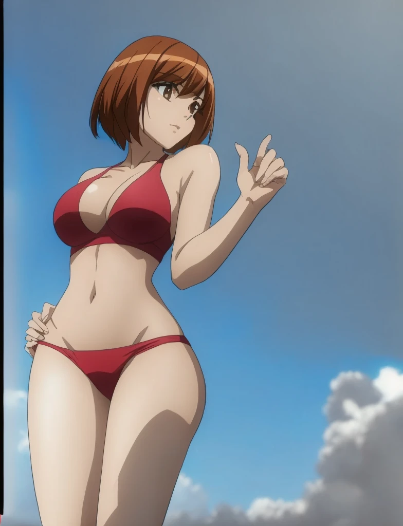 A beautiful woman with big breasts and beautiful legs, with a bob cut hairstyle, is standing in a high-cut competitive swimsuit with the red arena mark and lettering.。