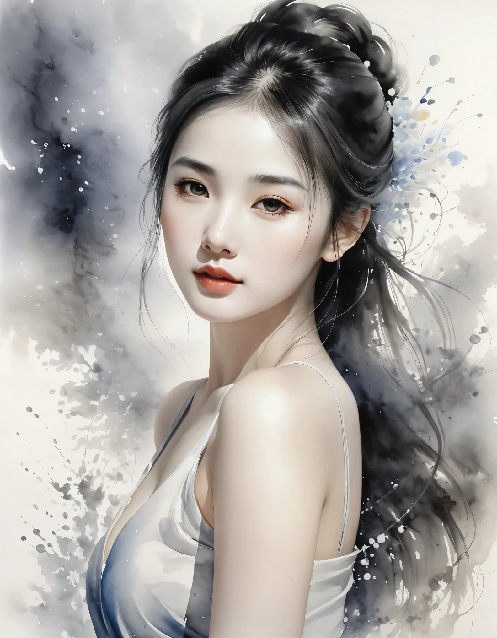Chinese painting, Ethereal beauty, ink wash painting, ink splashes,Gongbi,Delicate brushwork,Zen simplicity, high quality, masterpiece, ultra-high resolution, incredible composition, extremely detailed, a girl, beautiful face, perfect female body, gradient, contour light, light particles