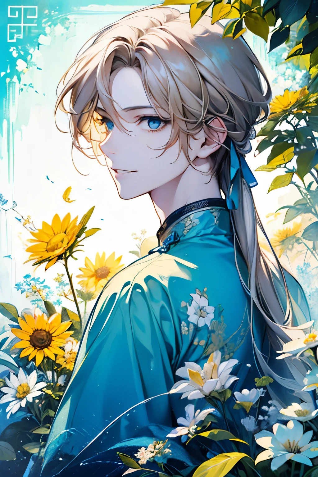 (old male:1.45)、(masterpiece、highest quality、highest quality、Beautiful and beautiful:1.2)、(Good anatomy:1.5)、Painting of a male with milky blonde long hair、Shy smile、Sparkling Eyes、dark eyes、looking at the camera、Emerging from among the flowers and leaves、(sunny days:1.45)、(Lightgreen、yellow、Blue、black:1.2)、(Chinese concept:1.25)、(Back view:1.5)、Close-up of face、((full body:1.2))