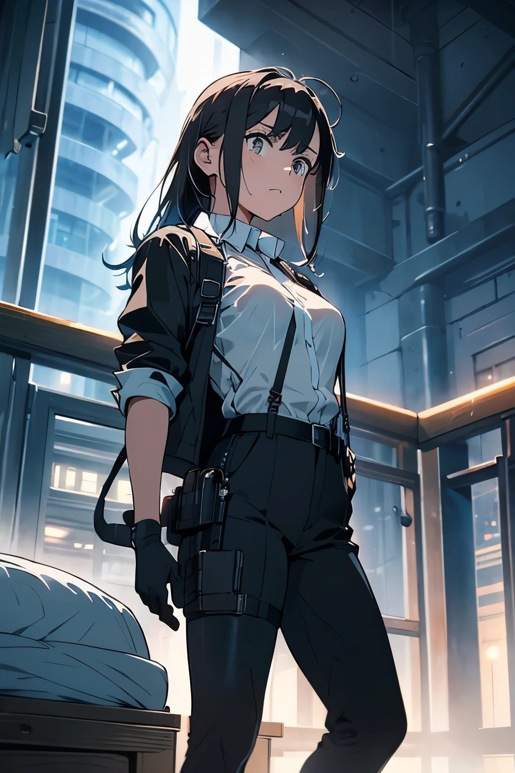 1 female, , high quality, masterpiece, Ultra-high resolution, , Cinema Lighting, , , And the suspenders with the cranes flying Large Breasts Small face holster Lying in bed Looking up Sweat belt summer 脇Sweat Black Hole Gloves suit shirt Black jacket Black trousers Leg Links ズボンにbelt holster Hands behind your back Anxious expression Looking up Anxious face, legs apart Armament Cable ties レッグholster holster See-through clothing heavy rain Getting wet in the rain