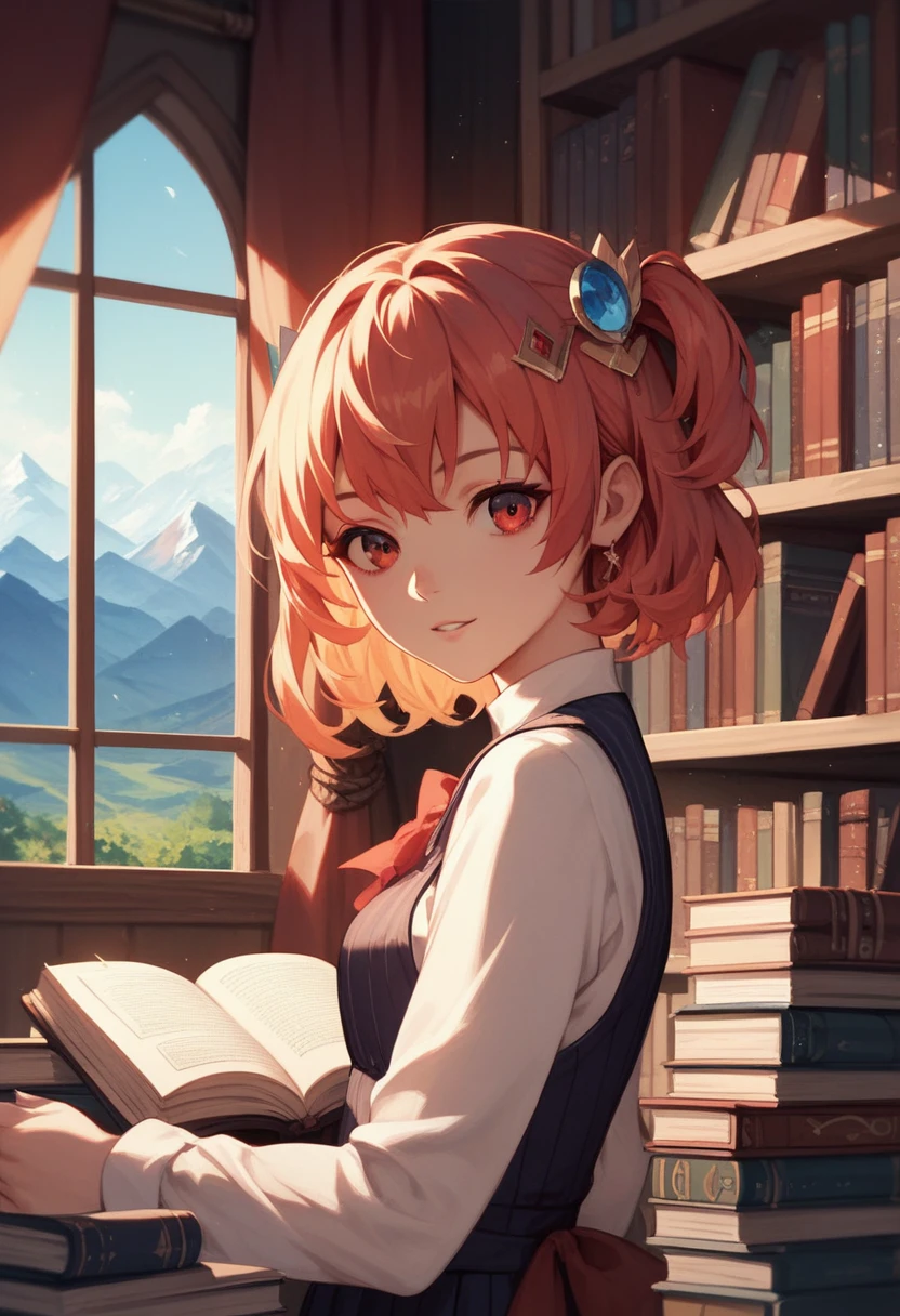 ((masterpiece,Highest quality))One girl, alone, Bookshelf, Mountain of books, suzuno, indoor, hair ornaments, yuina, Red eyes,