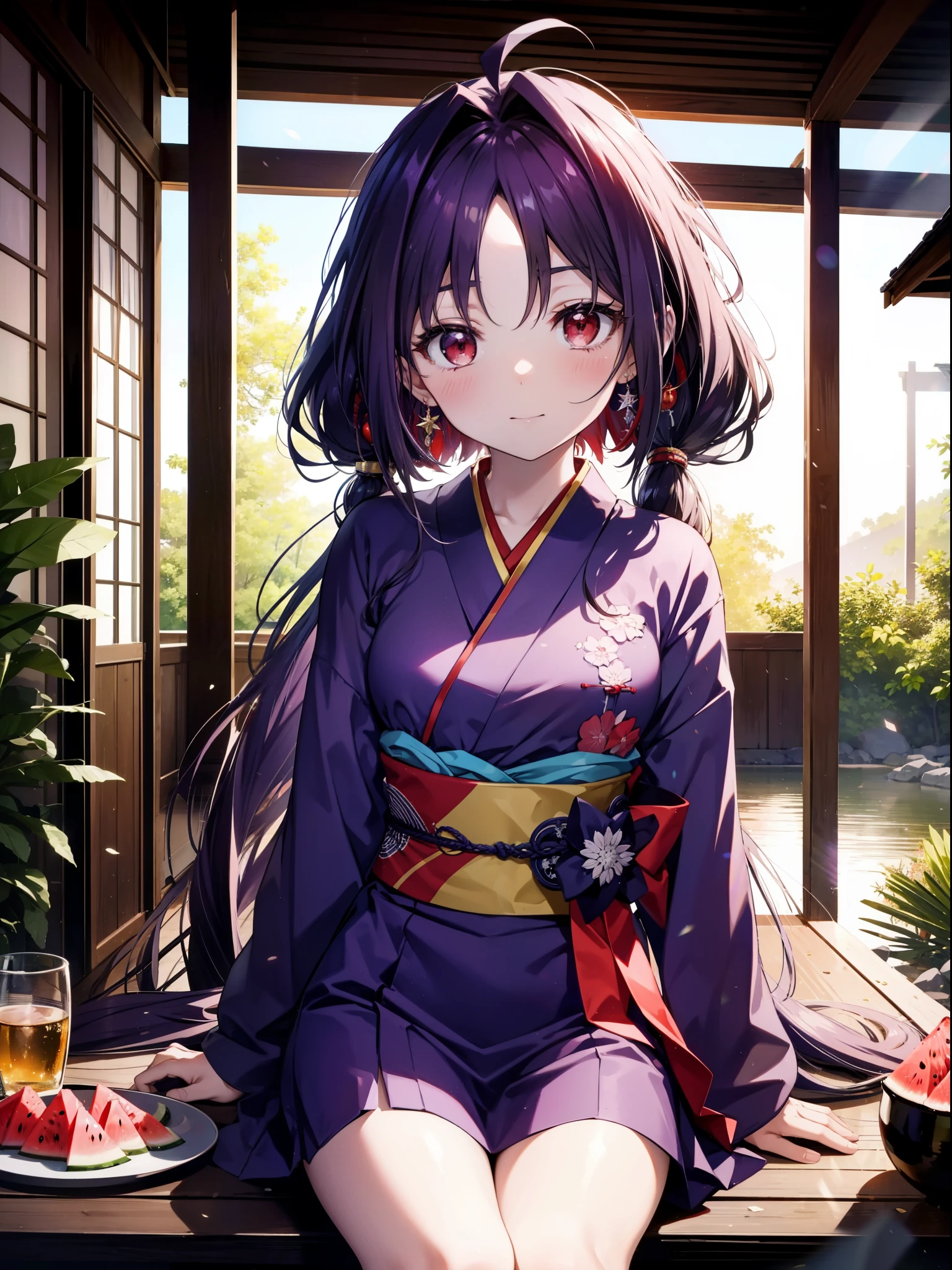 yuukikonno, Yuuki Konno, hair band, Long Hair, Pointed Ears, Purple Hair, Ahoge,(Red eyes:1.5), (Small breasts:1.2),low twin tail,smile,blush,Open your mouth,Purple Kimono,Purple long skirt,Fireworks in the night sky,Fireworks,The place is a fireworks display,Time is night,sunny day,Sitting on a bench,A triangular piece of red watermelon is placed on a plate on a bench.,Wind Chimes,whole bodyがイラストに入るよう,
break looking at viewer, , whole body, (Cowboy Shot:1. 5)
break indoors, Veranda,Japanese garden,
break (masterpiece:1.2), Highest quality, High resolution, unity 8k wallpaper, (figure:0.8), (Beautiful attention to detail:1.6), Highly detailed face, Perfect lighting, Highly detailed CG, (Perfect hands, Perfect Anatomy),