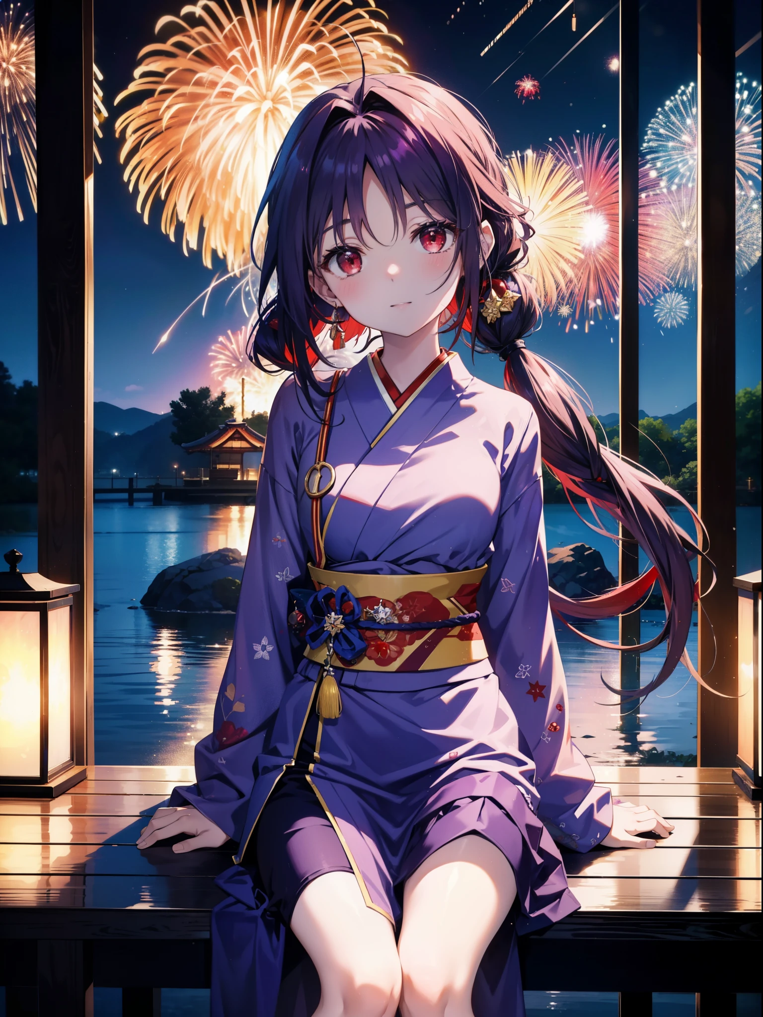 yuukikonno, Yuuki Konno, hair band, Long Hair, Pointed Ears, Purple Hair, Ahoge,(Red eyes:1.5), (Small breasts:1.2),low twin tail,smile,blush,Open your mouth,Purple Kimono,Purple long skirt,Fireworks in the night sky,Fireworks,The place is a fireworks display,Time is night,sunny day,Sitting on a bench,A triangular piece of red watermelon is placed on a plate on a bench.,Wind Chimes,whole bodyがイラストに入るよう,
break looking at viewer, , whole body, (Cowboy Shot:1. 5)
break indoors, Veranda,Japanese garden,
break (masterpiece:1.2), Highest quality, High resolution, unity 8k wallpaper, (figure:0.8), (Beautiful attention to detail:1.6), Highly detailed face, Perfect lighting, Highly detailed CG, (Perfect hands, Perfect Anatomy),