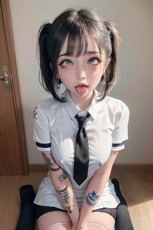 high quality, detailed,very wet,she is and junior high school girl wearing very very wet and very transparent short sleeve white shirt and a tie,plaid skirt,(bob hair,bob hair)(wearing black overknee socks),a mole under the eye,(tounge out,tounge out tounge out),(blushing:1.4),the whole body,the whole body,she has a lot of earrings,tattoo,tattoo,detailed background,in the health room,ecstasy,orgasm,tattoo,she has fancy nails,seducing,temptation,nipples,childish body