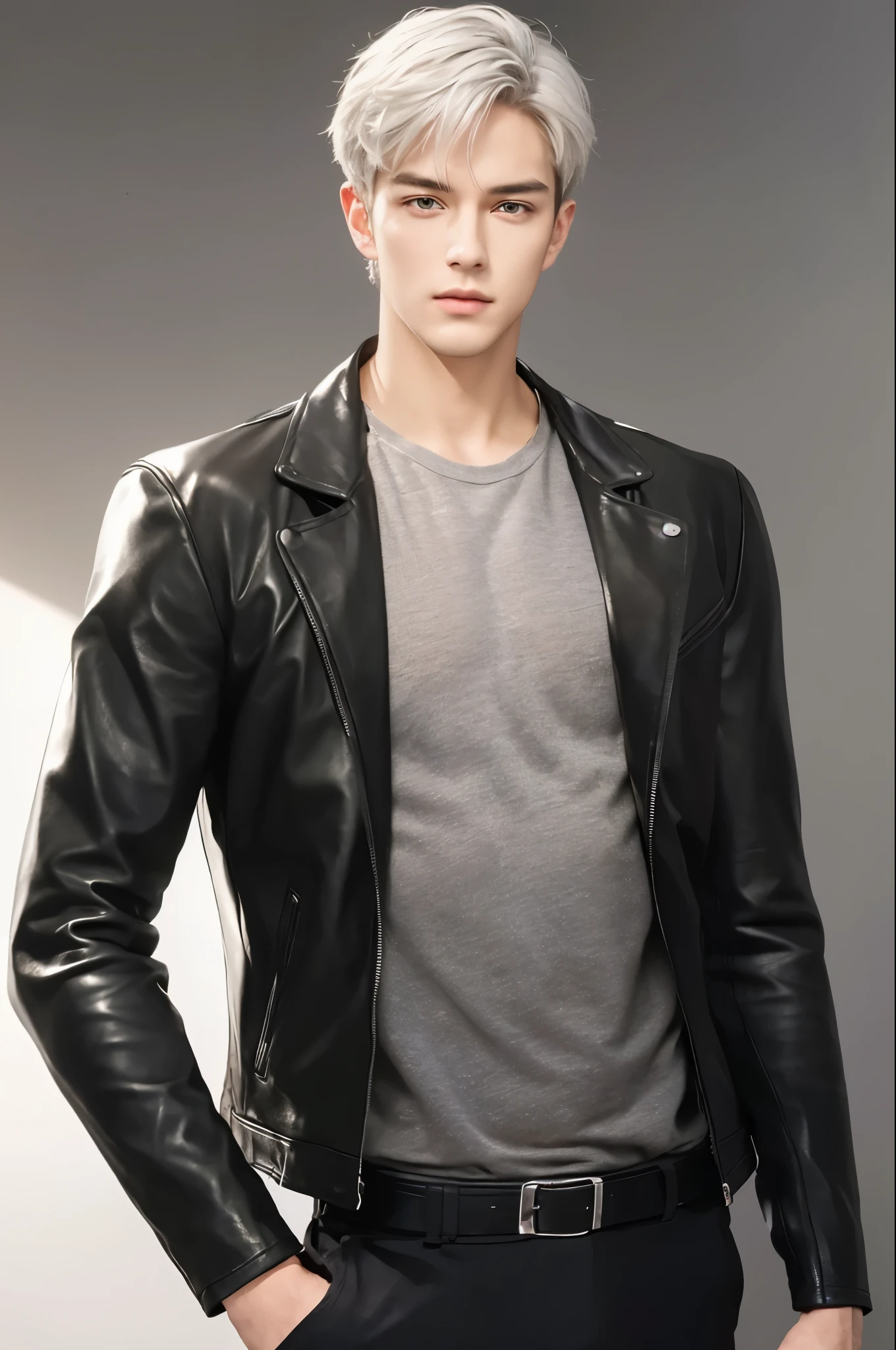 4k, high resolution, best quality, masterpiece, perfect color, perfect shade, perfect lighting, Posted by e621, ((portrait)), ((handsome man)), perfect male figure, Short hair details，Detailed face, perfect face, (stood up), Detailed background, ((Bonifasco Lighting)),white hair, wearing black leather jacket,