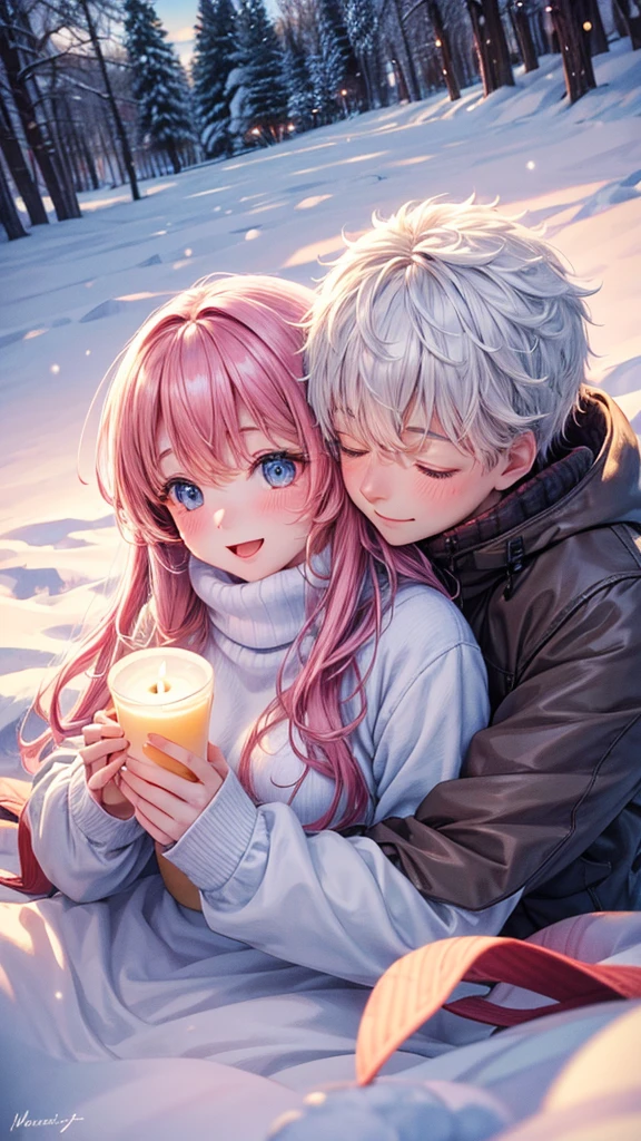 (best quality,highres),cute couple, winter background, hugging, cozy atmosphere, snowfall, warm sweaters, rosy cheeks, snow-covered trees, love, happiness, romantic, candlelight, soft glow, magic moment, frosty breath, cuddling, intimate, tender, joyful, winter love, icy landscape, snowy path