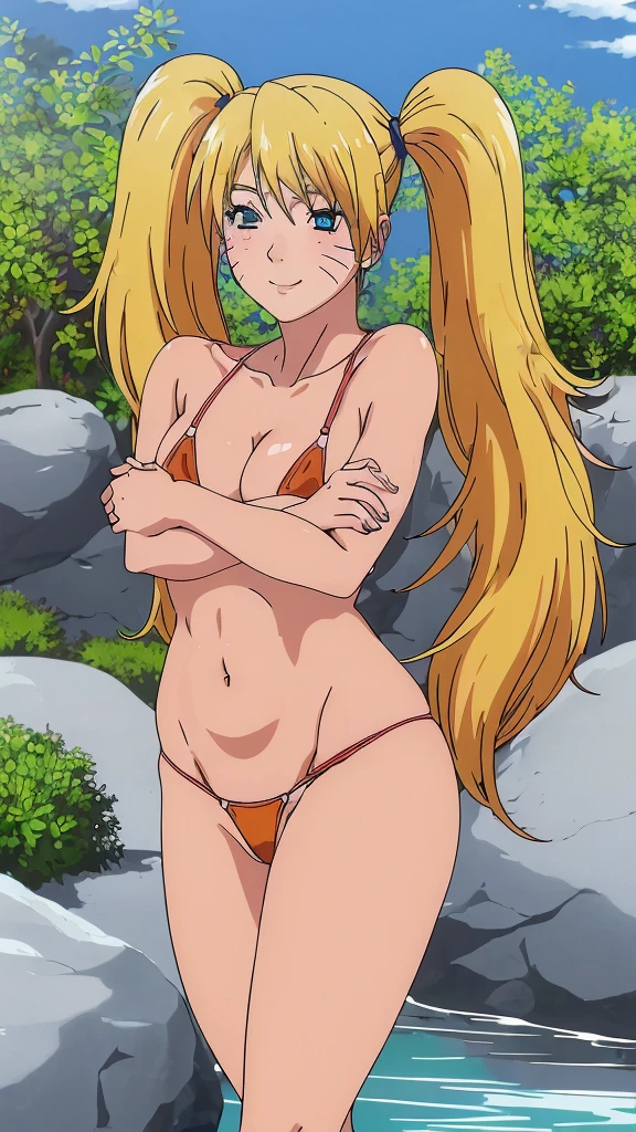 (masterpiece, 4K, Highest quality, anime style: 1.9, Detailed face, Lovely, Bold Line, High resolution, anime,alone, Curvaceous, Thighs, Small breasts,Cleavage, Center of chest, smile, Please open your mouth wide, Very slim belly, Cowboy Shot, leopard pattern(Micro Bikini),1 girl,((blonde,Long Hair)),Twin tails,blue eyes,Great style,NARUTOanime風,blush,Naked in a swimsuit,(Public bath),Place your hands behind your head