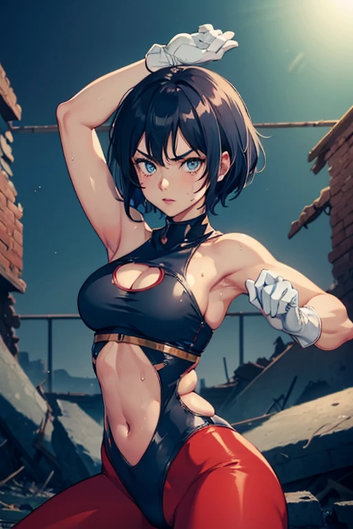 (best quality,masterpiece,ultra highres,cel anime,8k:1.2),(1man:1.5),1mature woman in(short blue haired,30years old), BREAK (in the ruins:1.5),(dark night:1.4),(abs:0.8), BREAK (blue leotard in red line:1.3), BREAK (red yoga pants:1.4), BREAK (white gloves:1.4), BREAK (navel cutout:1.5),(sweat:1.2),(sholder bare), BREAK (selious, scowl:1.2),(motion blur),(fighting stance:1.3),