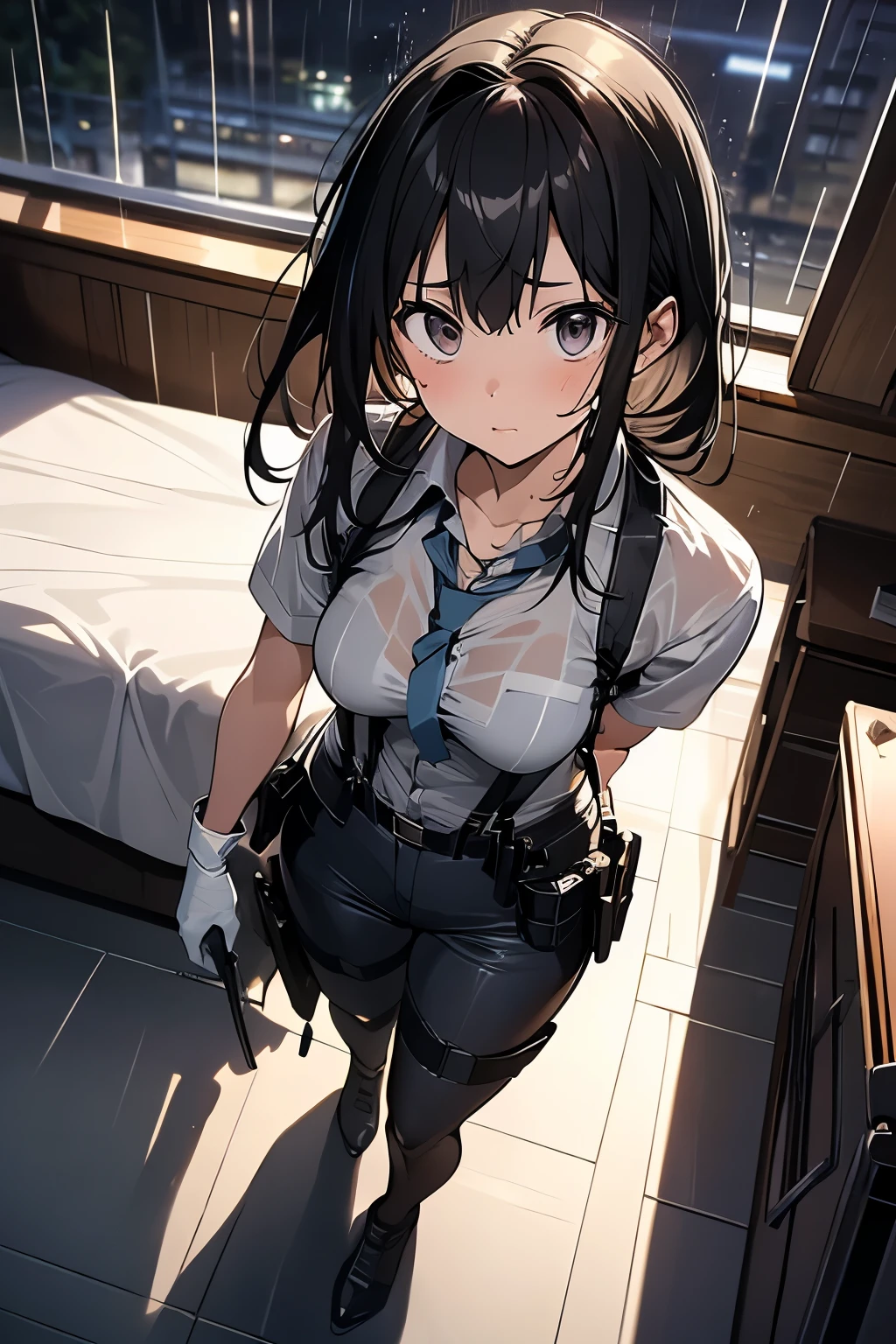 1 female, , high quality, masterpiece, Ultra-high resolution, , Cinema Lighting, , , And the suspenders with the cranes flying Large Breasts Small face holster Lying in bed Looking up Sweat belt summer 脇Sweat Black Hole Gloves suit shirt Black jacket Black trousers Leg Links ズボンにbelt holster Hands behind your back Anxious expression Looking up Anxious face, legs apart Armament Cable ties レッグholster holster See-through clothing heavy rain Getting wet in the rain