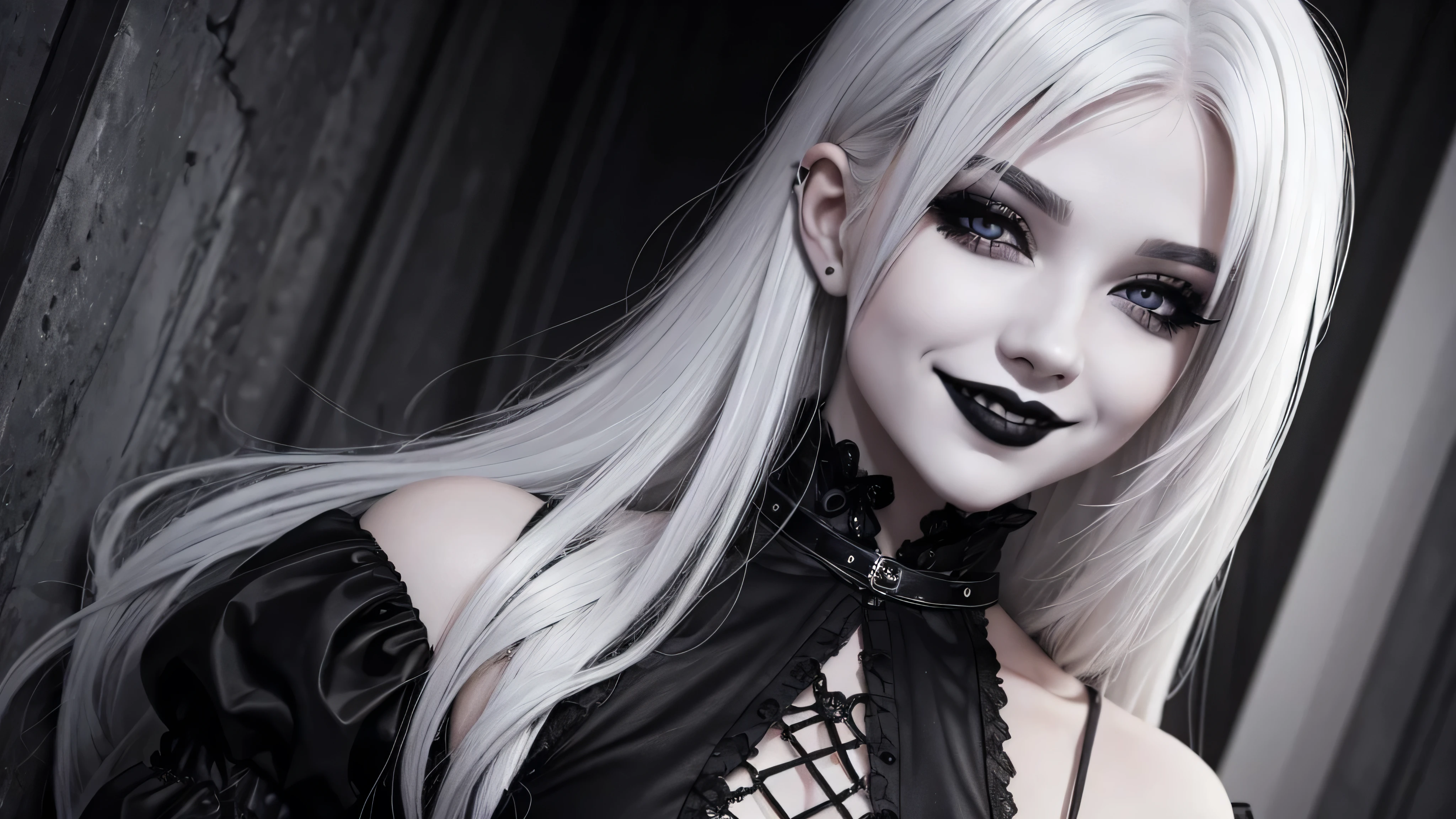 one girl, White hair, grey eyes, black lipstick on lips, Gothic Clothing, smiling