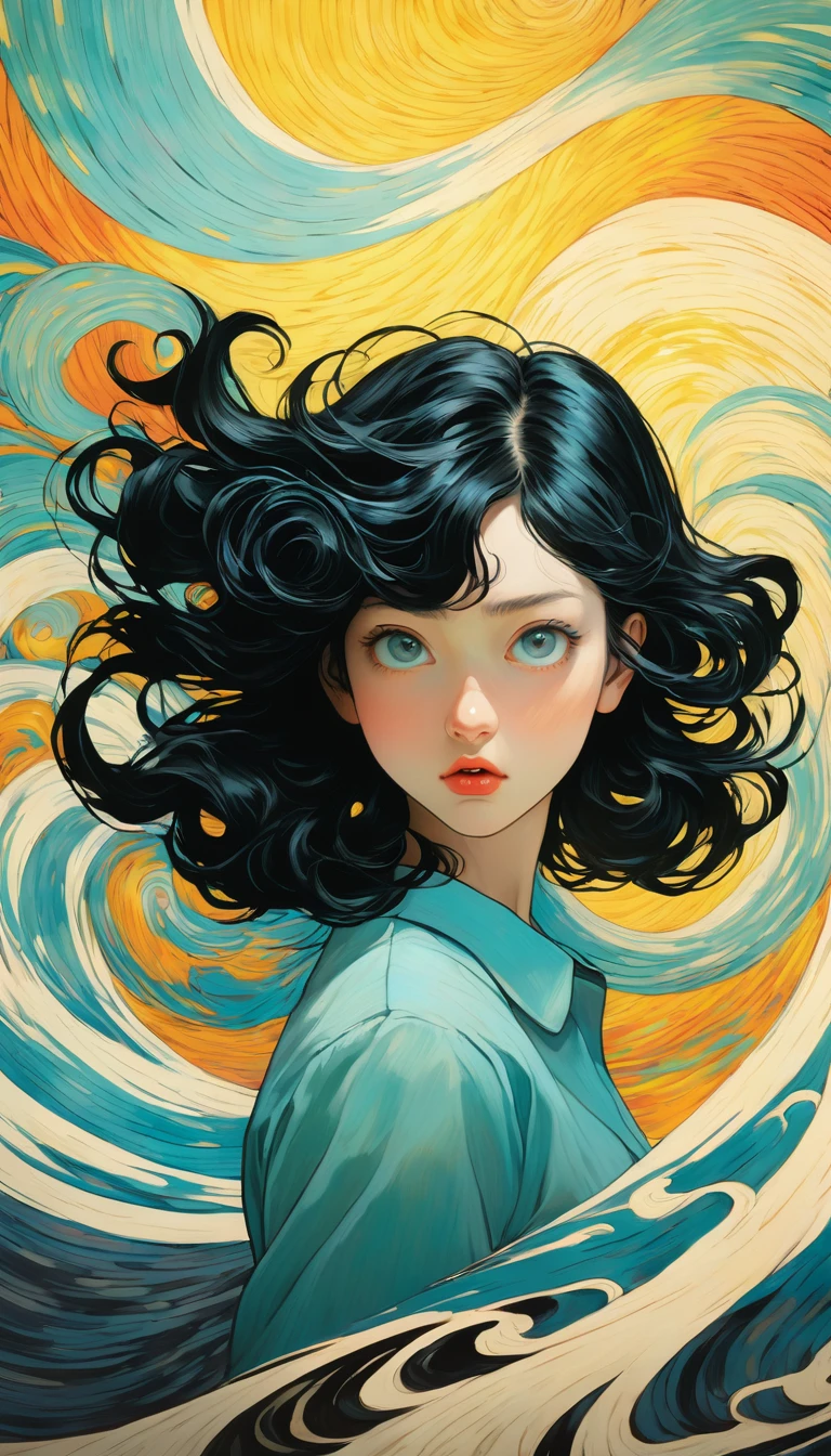 An illustration、art、Supervised by Junji Ito、Overreaction、Overaction、shout、Black Hair、Hime cut、Girl、Attention to detail、Realistic Shadows、Analog Style、chromatic aberration、Surrealism、disaster々A new Van Gogh-like swirl background