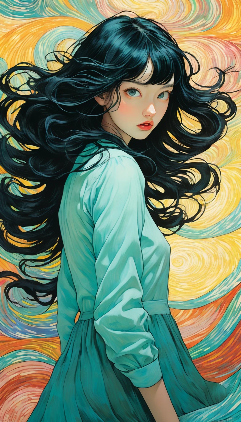 An illustration、art、Supervised by Junji Ito、Overreaction、Overaction、shout、Black Hair、Hime cut、Girl、Attention to detail、Realistic Shadows、Analog Style、chromatic aberration、Surrealism、disaster々A new Van Gogh-like swirl background