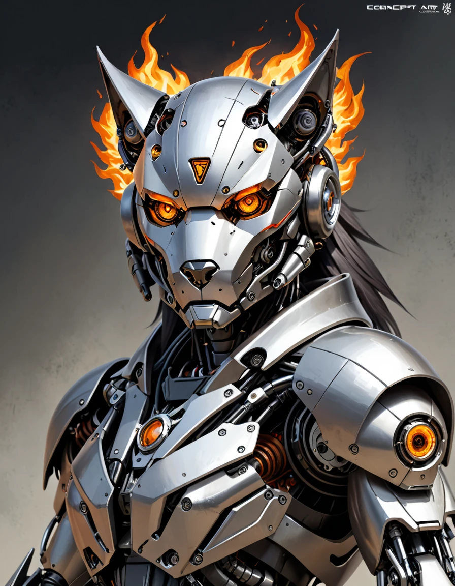 robot fur detailed metal parts beautiful dynamic shapes inspired by the industrial design of motorcycles and cars. there's a flame burning on my head ( concept art:1.8) by concept artist, 