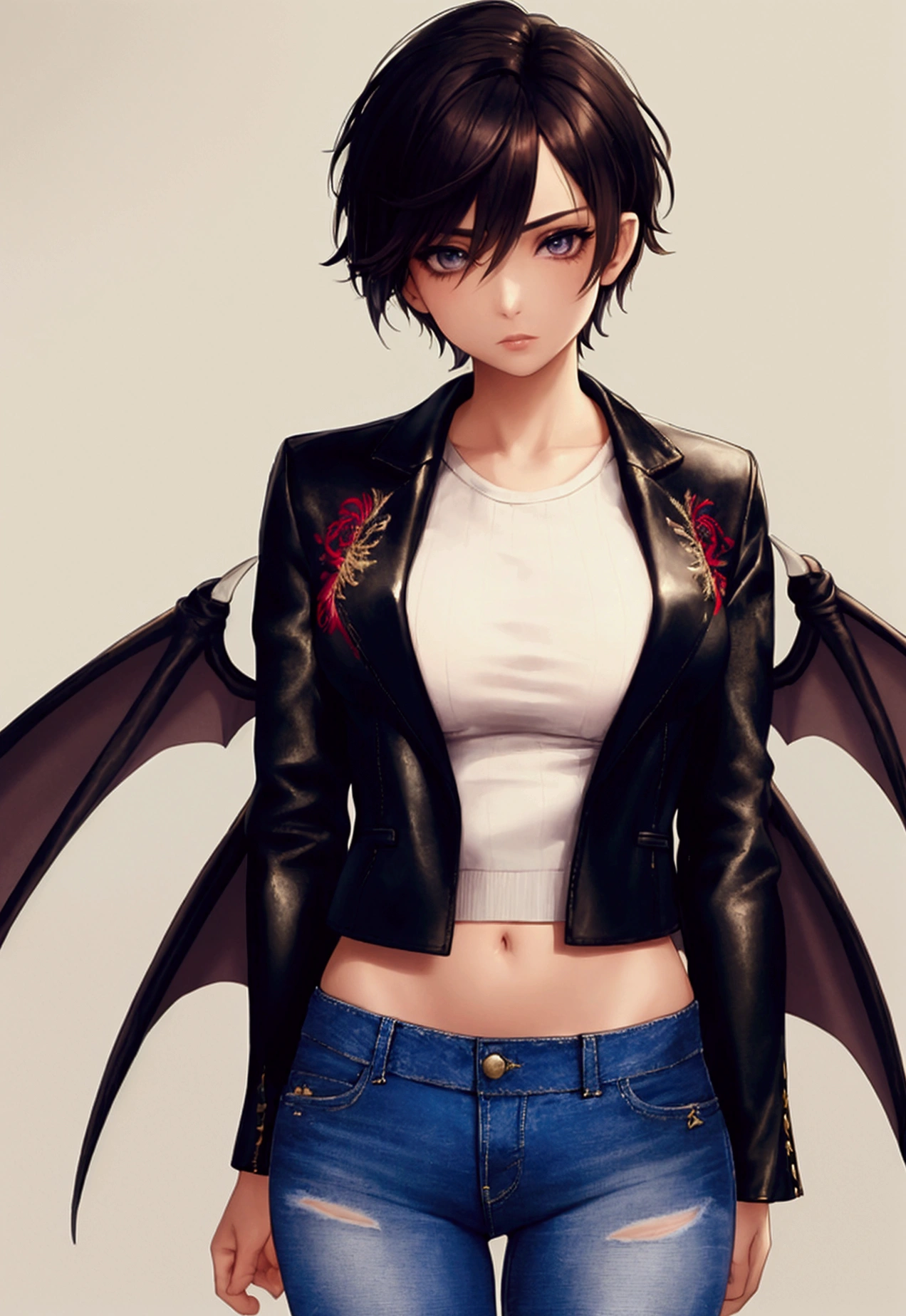 masterpiece, high quality,1girl,solo,middle breast , short hair, (hair between eyes),(00BFFE pixie cut), Bat wings, Disappointed face,(Embroidered sweater, Cropped flare jeans, Leather blazer)