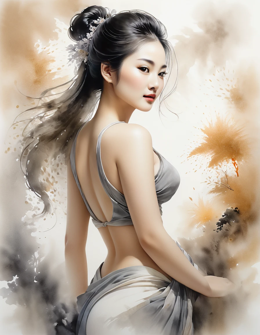 Chinese painting, Ethereal beauty, ink wash painting, ink splashes,Gongbi,Delicate brushwork,Zen simplicity, high quality, masterpiece, ultra-high resolution, incredible composition, extremely detailed, a girl, beautiful face, perfect female body, gradient, contour light, light particles