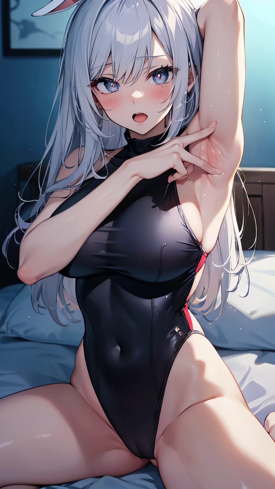 cowboy shot, (white bunny girl),ウサギの耳のヘアバンド,swimsuit,(large breasts),blush,slender,(pose partially visible vulva),on bed,(upper body:1.3),open mouth, embarrassed ,blush,spread armpit, arms behind head,(spread legs:1.3),(legs up),masterpiece,Noise Reduction,perfect anatomy,high resolution, ultra-detailed, ultra-detailed face,game cg,dutch angle ,beautiful detailed eyes,visualart,five fingers, perfect hands, perfect lighting, sparkling pupils,