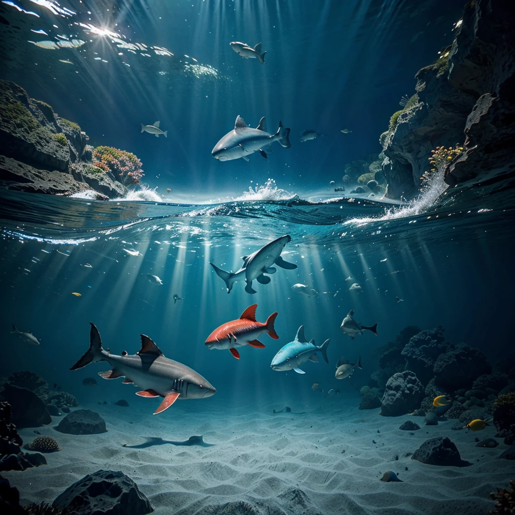 under water ocean, colorful fish, sharks, ultra realistic