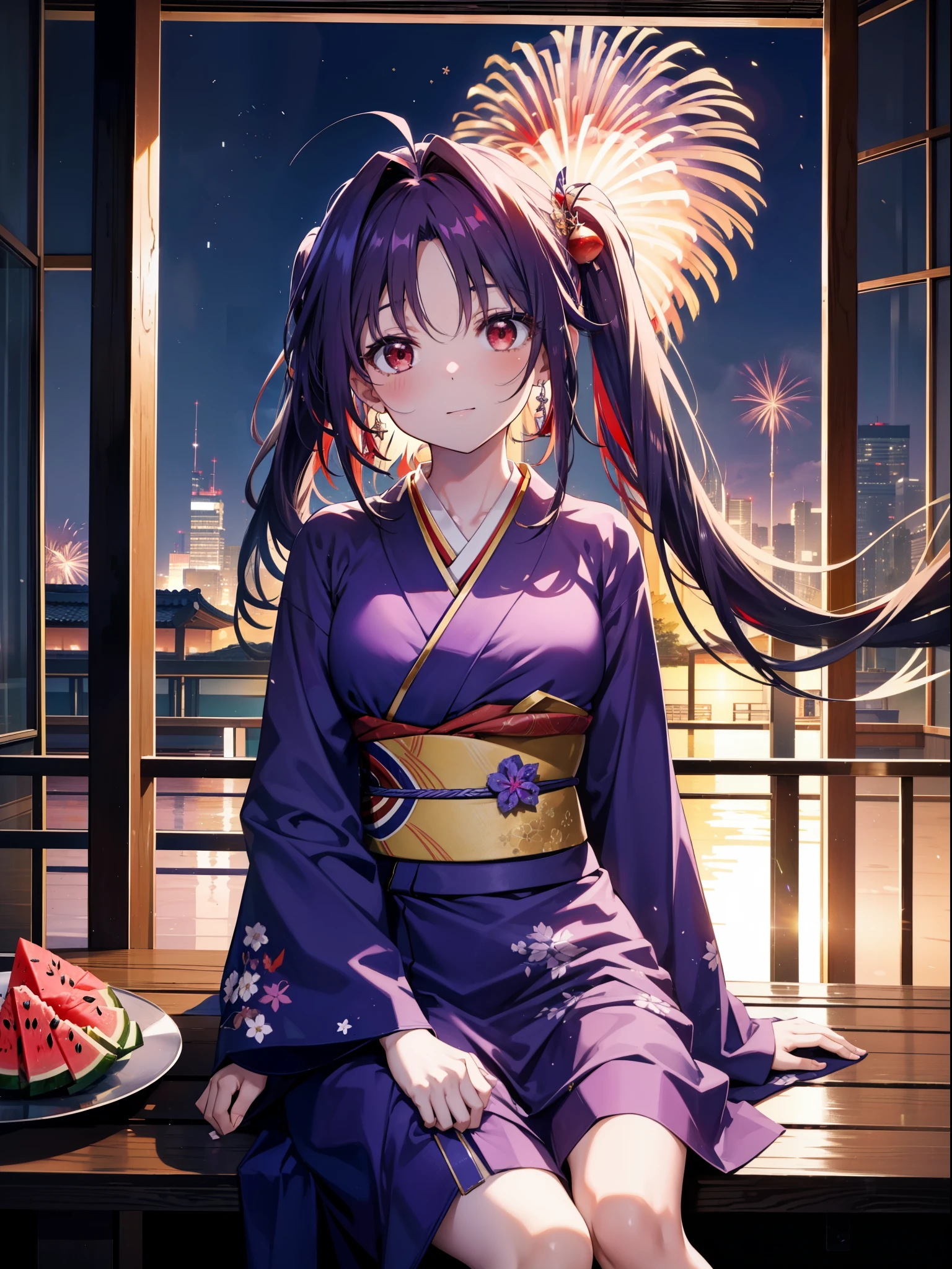 yuukikonno, Yuuki Konno, hair band, Long Hair, Pointed Ears, Purple Hair, Ahoge,(Red eyes:1.5), (Small breasts:1.2),low twin tail,smile,blush,Open your mouth,Purple Kimono,Purple long skirt,Fireworks in the night sky,Fireworks,The place is a fireworks display,Time is night,sunny day,Sitting on a bench,A triangular piece of red watermelon is placed on a plate on a bench.,Wind Chimes,whole bodyがイラストに入るよう,
break looking at viewer, , whole body, (Cowboy Shot:1. 5)
break indoors, Veranda,Japanese garden,
break (masterpiece:1.2), Highest quality, High resolution, unity 8k wallpaper, (figure:0.8), (Beautiful attention to detail:1.6), Highly detailed face, Perfect lighting, Highly detailed CG, (Perfect hands, Perfect Anatomy),