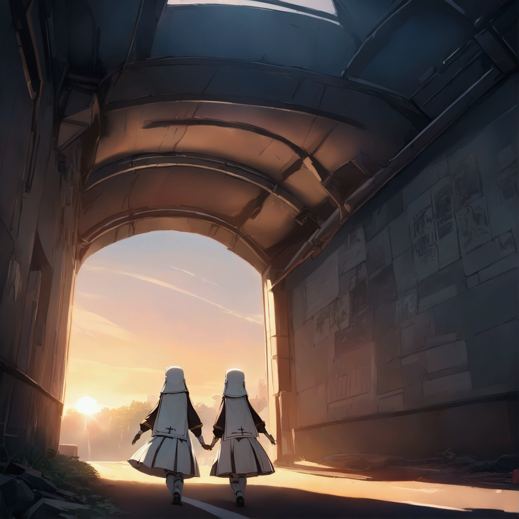 Two mechanical angel nuns in white and red, tunnel entrance at dawn, sunrise, detailed background, detailed writing, 4k, UHD, absurd, ultra quality,