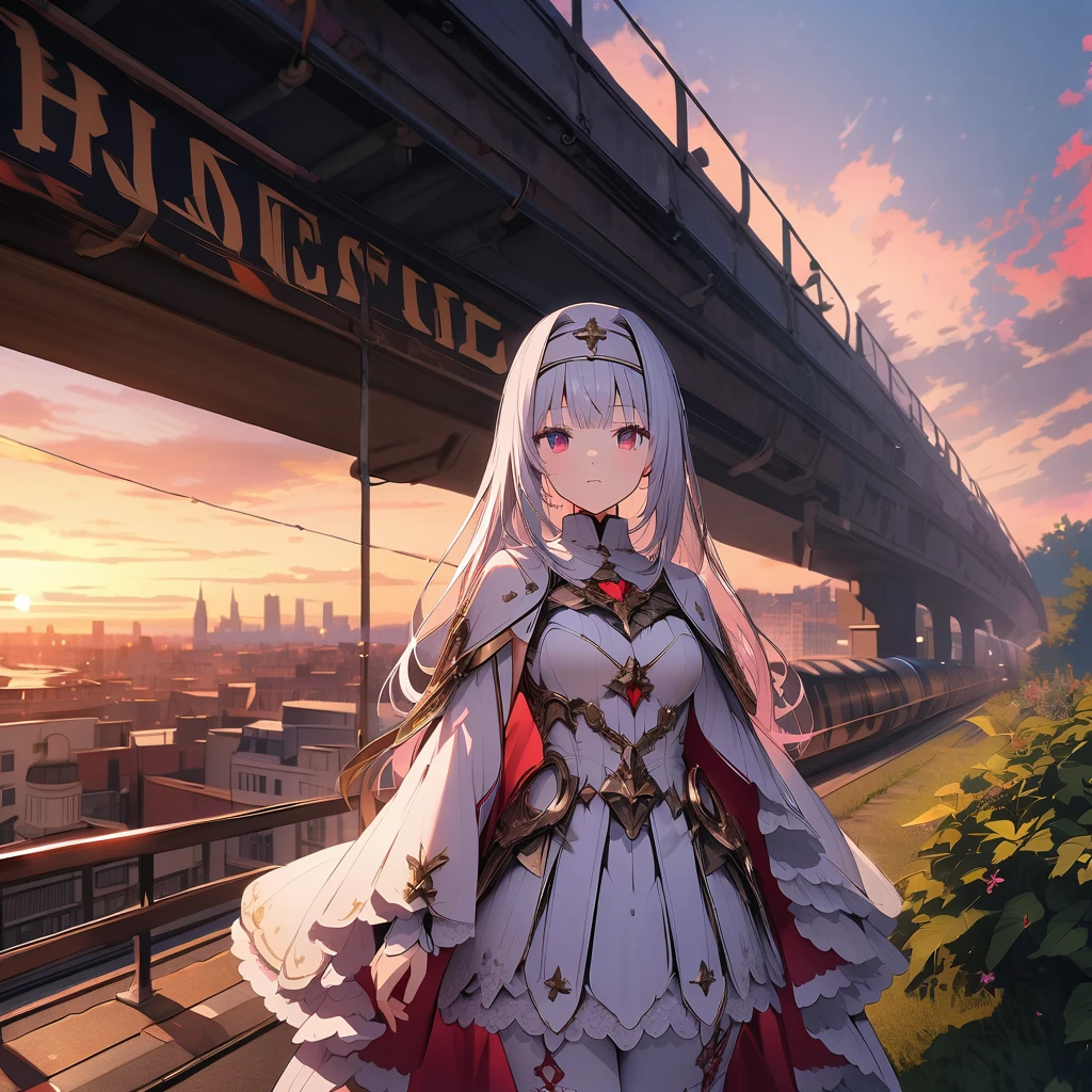 Two mechanical angel nuns in white and red, tunnel entrance at dawn, sunrise, detailed background, detailed writing, 4k, UHD, absurd, ultra quality,