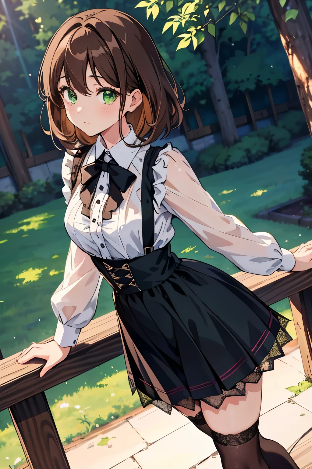 ((masterpiece, Highest quality, High resolution, 超High resolution, Pixel perfect, Written boundary depth, 4K, RTTX 10.0, High resolution))), 1 girl, single, alone, Beautiful Anime Girls, Beautiful art style, Anime characters, ((Shortcuts, bangs, Dark brown hair)), ((Green Eyes:1.4, Round eyes, Beautiful eyelashes, current eyes)), ((Smooth texture:0.75, Anime CG style)), Medium chest, ((Dynamic Angle, close)), Perfect body, (pretty girl), 1girl, solo, wearing a kawaii fashion outfit, outfit features a pink blouse with black lace trim and a large bow at the collar, The blouse is paired with a black high-waisted skirt with lace-up details, The person is also wearing black knee-high socks with lace tops, The overall look is cute and elegant, Outdoor, wood, Depth of written boundary,