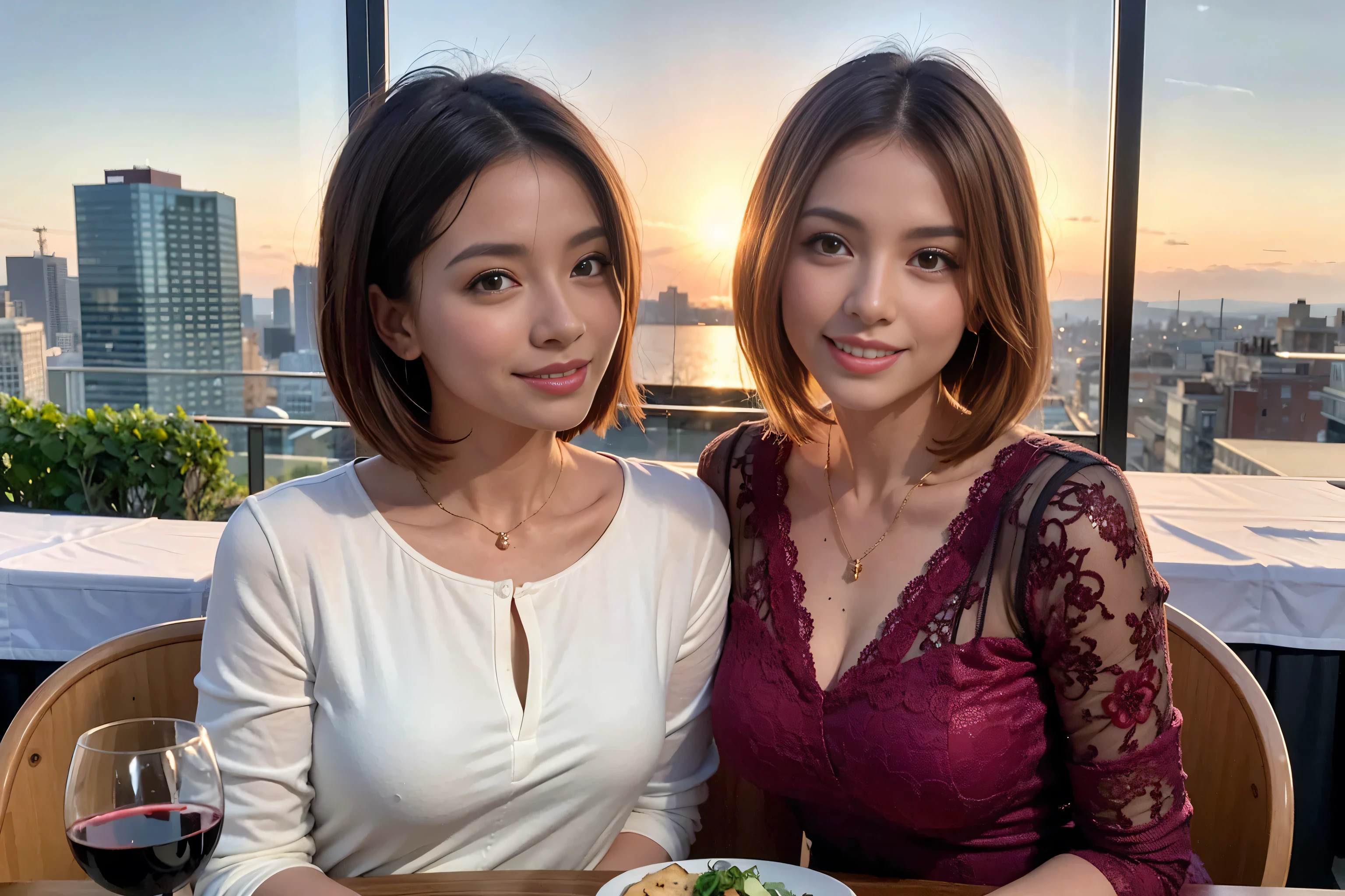 (Realistic:1.1),(masterpiece,Highest quality),8k,(49 years old), 50 years old, slimカップル、Tight waist,Upper Body,full-course dinner、wine 、Amazing view of the sunset sky and clouds、Perfect Anatomy, Brown Hair, short hair,Random Hairstyles,((Highly detailed face and eyes:1.2)),Perfect golden ratio face,Long sleeve shirt、dress,(smile:1.2)、Shortcuts、cute、(Realistic, Intricate details:1.2), A bright smile、short hair,Bright Face、赤wine 、Appetizers、Italian food、wine bottle、Champagne、スパークリングwine、(slimな顔), (The body is slim), (Brown Hair), (Shortcuts), Upper Body, 白wine, slim, wineグラス,