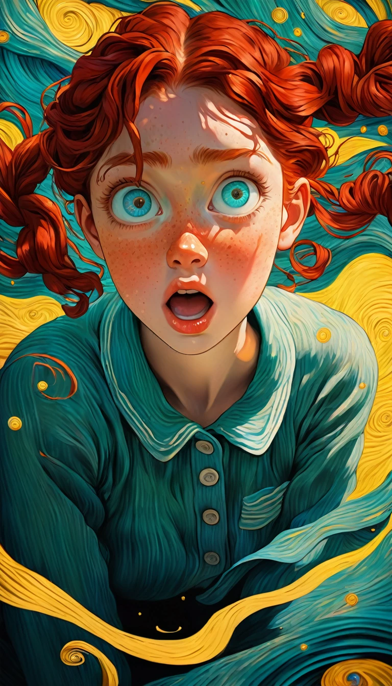 An illustration、art、Supervised by Junji Ito、Overreaction、Overaction、shout、Redhead、Braided Pigtails、Freckles、Eyes Wide Open、Surprised、Girl、Attention to detail、Realistic Shadows、Analog Style、chromatic aberration、Surrealism、disaster々A new Van Gogh-like swirl background