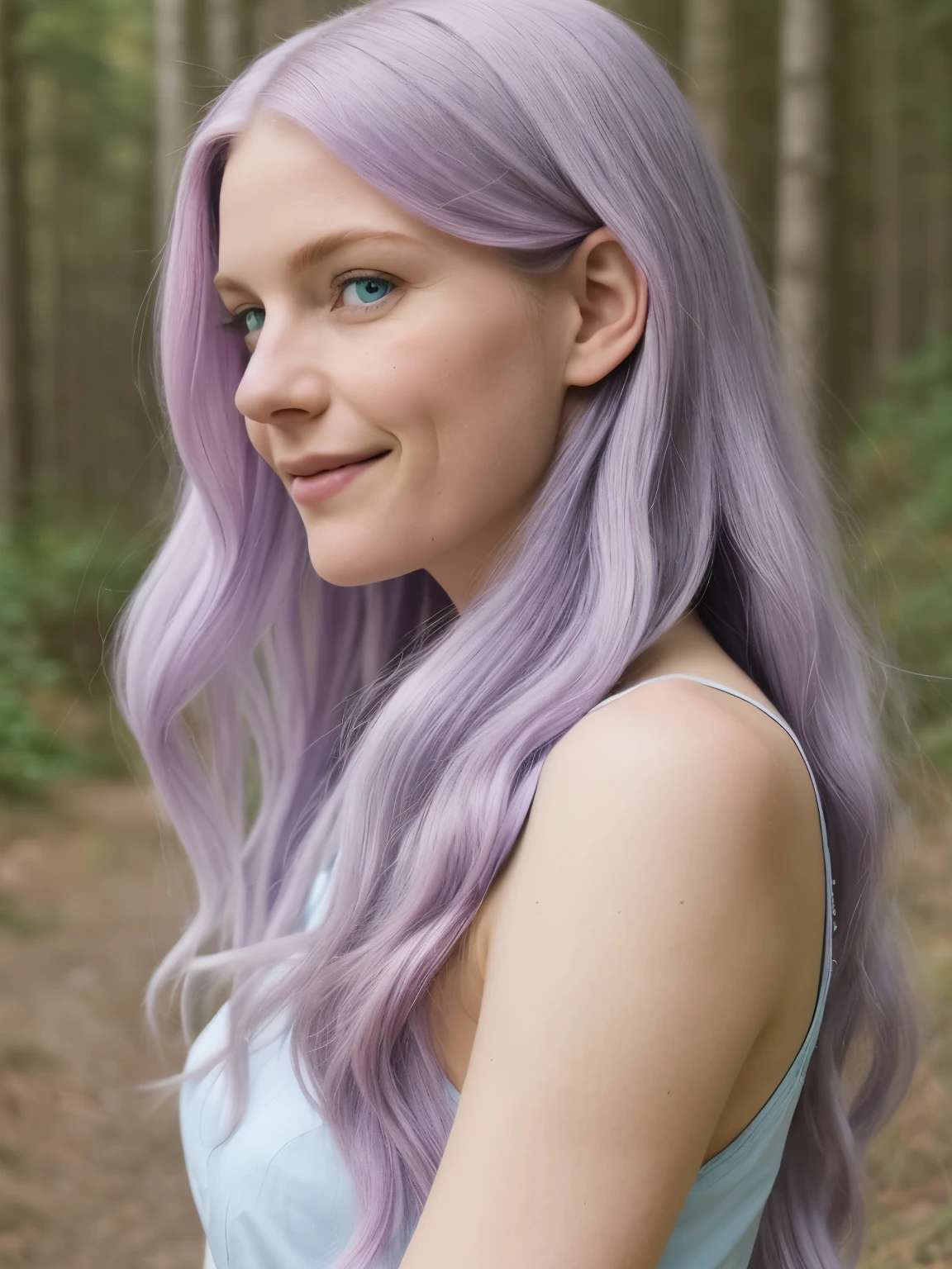 Create a profile picture of a modern, attractive, and sexy female model with long light lilac hair and ice-blue eyes. The model should have a natural and friendly vibe, wearing sustainable, eco-friendly clothing. The background should be a beautiful natural landscape, such as a forest or a picturesque hiking trail, reflecting her love for sustainability and the environment. The model should be smiling confidently, with a stylish yet elegant look that aligns with her interest in sustainable fashion and rural living. Use harmonious and natural colors, focusing on green and earth tones to complement her lilac hair.