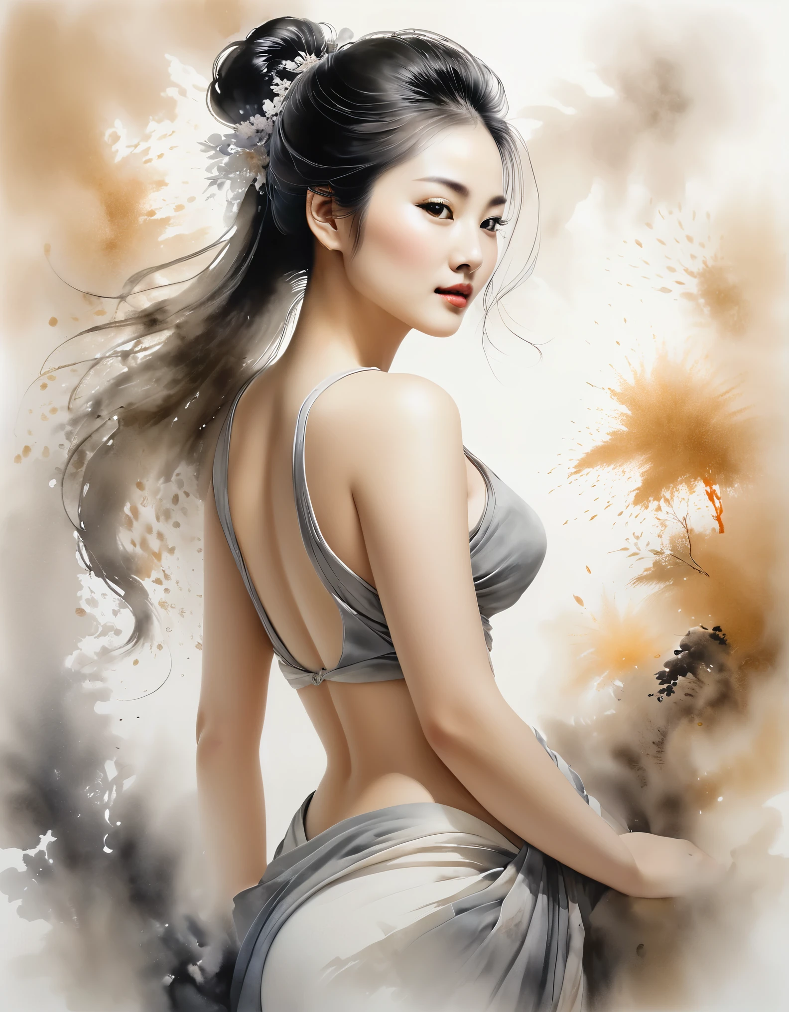 Chinese painting, Ethereal beauty, ink wash painting, ink splashes,Gongbi,Delicate brushwork,Zen simplicity, high quality, masterpiece, ultra-high resolution, incredible composition, extremely detailed, a girl, beautiful face, perfect female body, gradient, contour light, light particles