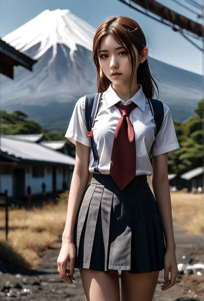 Dystopian style, sidelight,slender,shiny make-up,sweat,blurry background,rim_light,frontlight,22yo,
rio,(school_uniform:1.2),
the background is mount fuji,summer,full_shot,, Bleak, post-apocalyptic, somber, dramatic, highly detailed