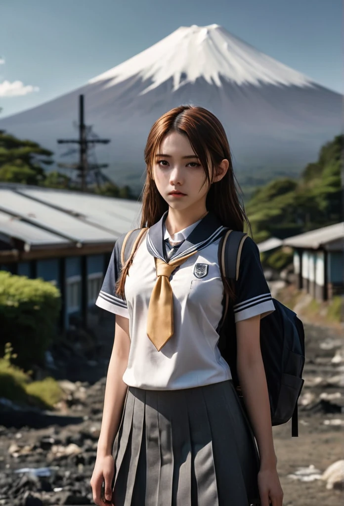 Dystopian style, sidelight,slender,shiny make-up,sweat,blurry background,rim_light,frontlight,22yo,
rio,(school_uniform:1.2),
the background is mount fuji,summer,full_shot,, Bleak, post-apocalyptic, somber, dramatic, highly detailed