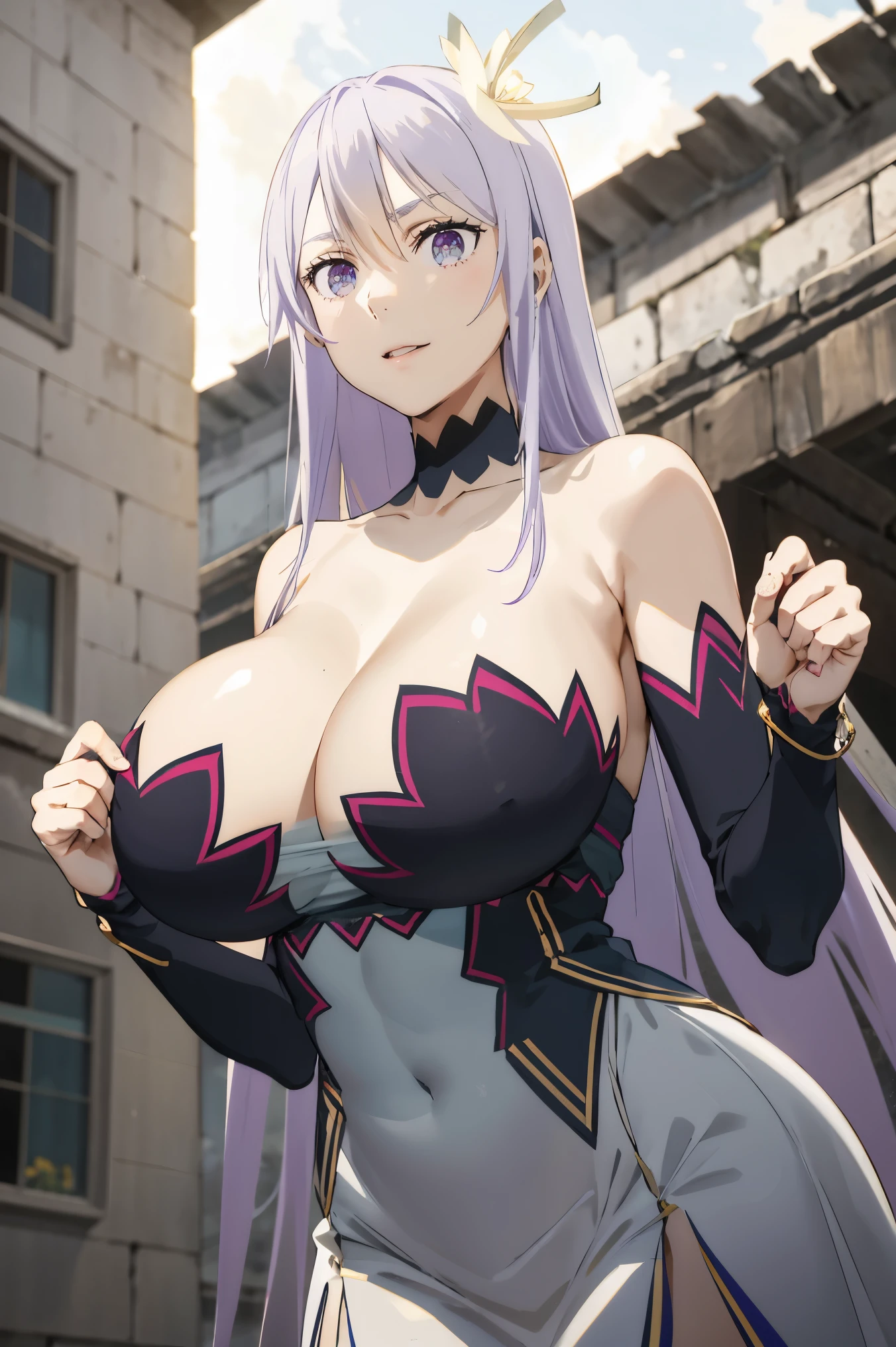 masterpiece, ((royal dressed)), ((wing)), halo, (best quality), (solo), 1girl, reona, silver hair, purple hair , (long skirt), long hair, purple eyes, sexy woman, hair between eyes, hair ornament, vibrant colors , natural lighting, RTX, (huge tits), (detailed face:1.2), (perfect eyes:1.1) ,(photorealistic:1.1), 8k uhd, looking a viewer, outdoors, simple backround, smile, (upper body), standing pose, ((open legs), temple ruins, cleavage