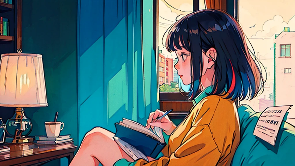 Profile of a girl sitting and reading a book、morning、Wind、curtain、colorfulな髪、Lo-Fi、LOFI、JAZZ、colorful、coffee