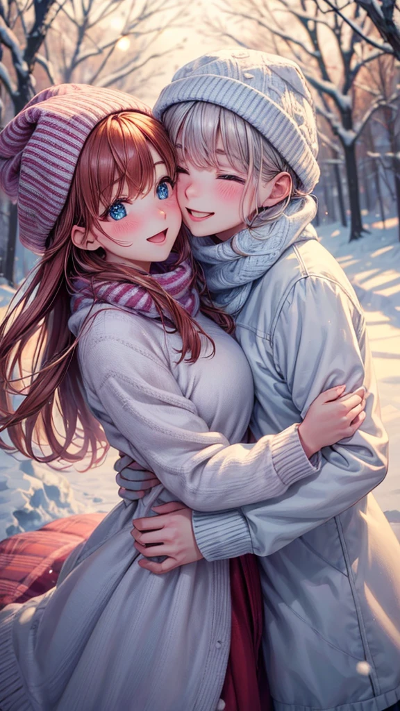 (best quality,highres),cute couple, winter background, hugging, cozy atmosphere, snowfall, warm sweaters, rosy cheeks, snow-covered trees, love, happiness, romantic, candlelight, soft glow, magic moment, frosty breath, cuddling, intimate, tender, joyful, winter love, icy landscape, snowy path