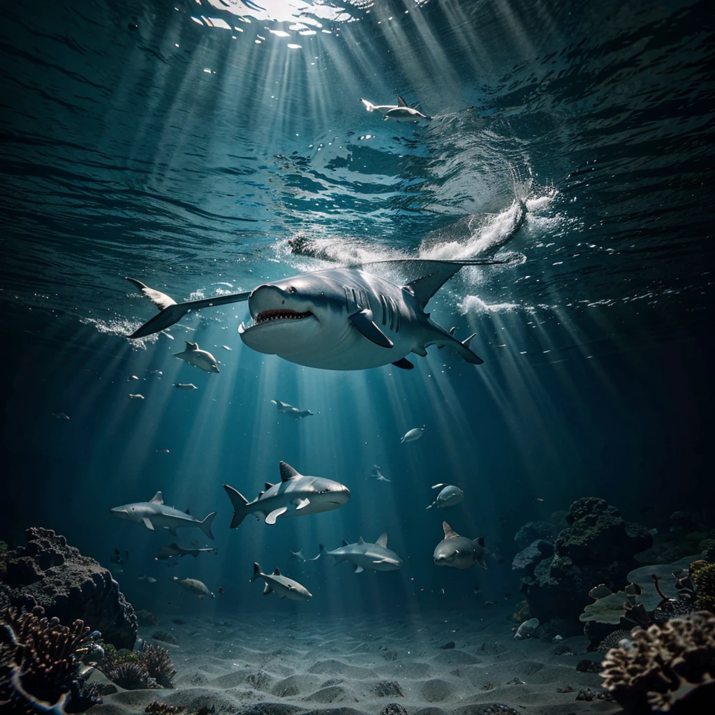 under water ocean, variety of sharks, ultra realistic